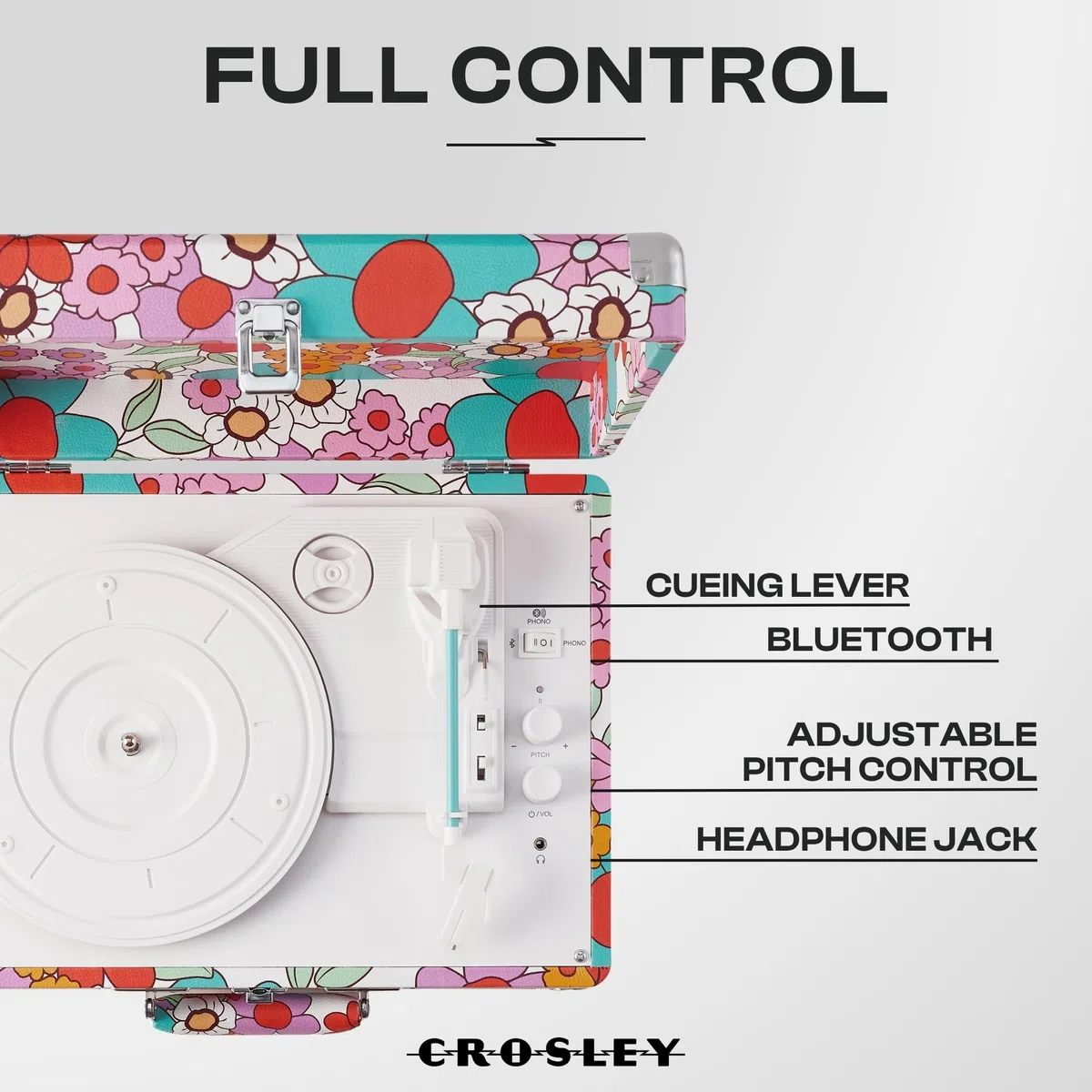Crosley Cruiser Plus Gramofon z 2 głośnikami, Bluetooth In & Out i Aux 3 Speed Retro gramofon – do winylu 7", 10" i 12", przenośny, z wbudowaną walizką, Groovy Flowy