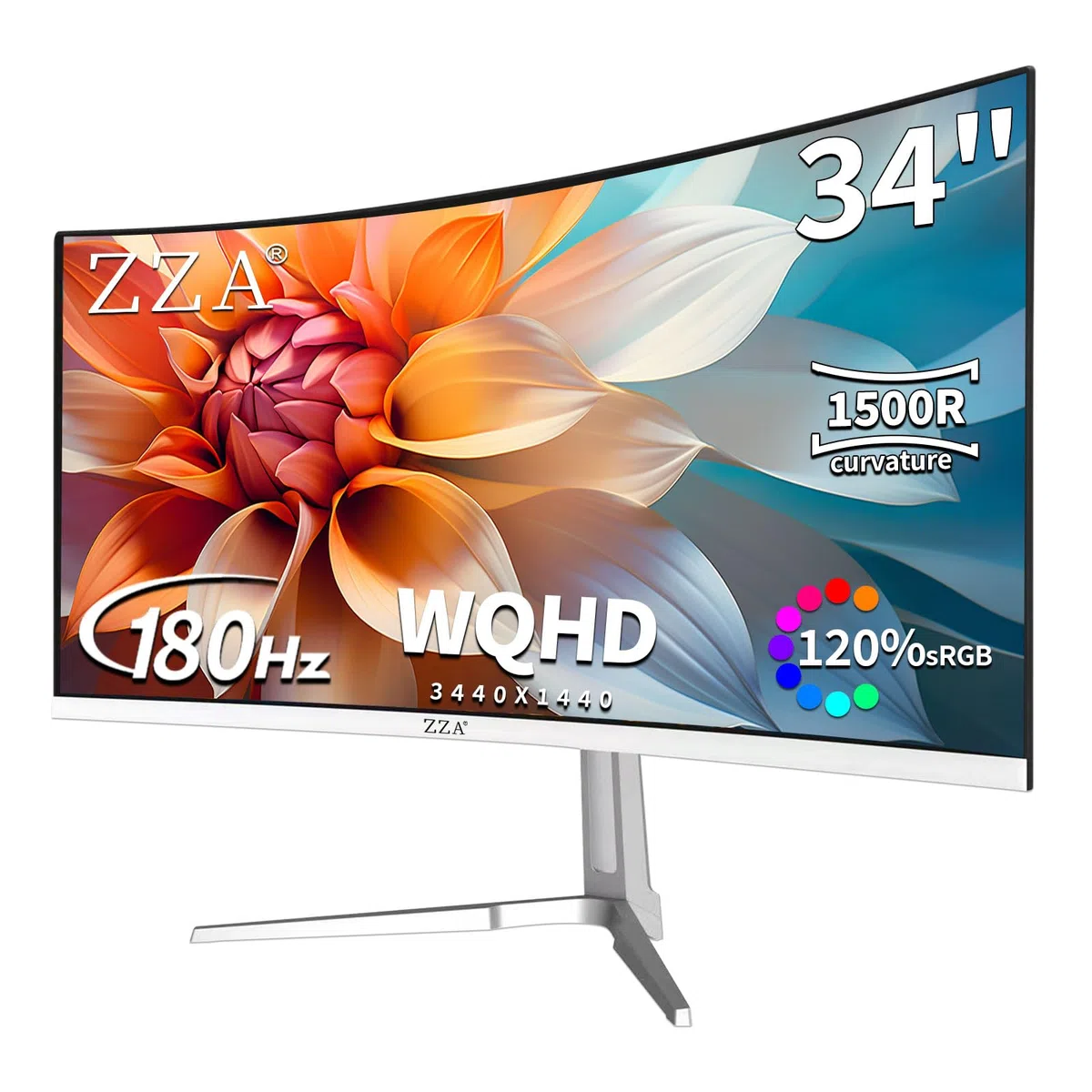 ZZA Monitor do gier 34'' - 165 Hz/180 Hz WQHD (3440 x 1440P), zakrzywiony monitor o ultra szerokości 34 cali, FreeSync do gier bez przerwy, 100% sRGB, HDMI 2.1 i DP 1.4, PBP Mod