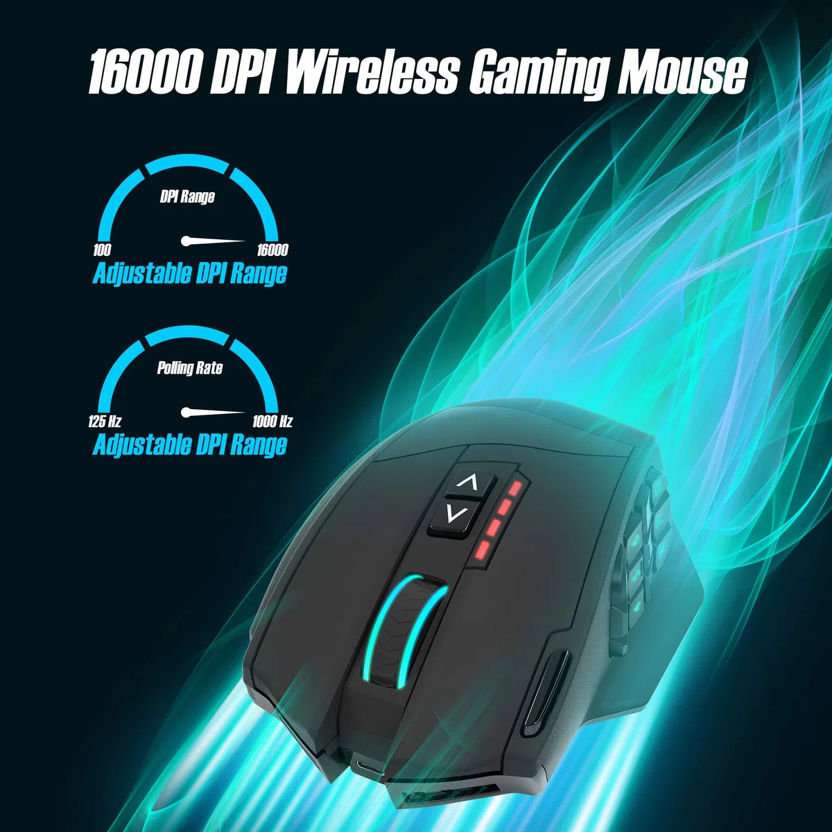 Gamspeed V8 Pro RGB MMO bezprzewodowa mysz do gier, 16 000 DPI, technologia 2,4 GHz, ergonomiczna konstrukcja, uchwyt palmowy, chromowane oświetlenie, 16 przycisków