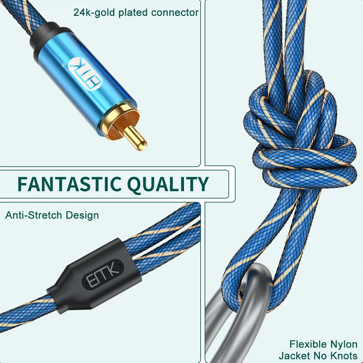 EMK Kabel 2RCA Y 3,5 mm do 2 RCA Audio Kabel Aux Nylon Pleciony męski do 2rca Kabel łączy smartfon, Luidsprekers, gramofon, TV (Straight Aux-3 m)