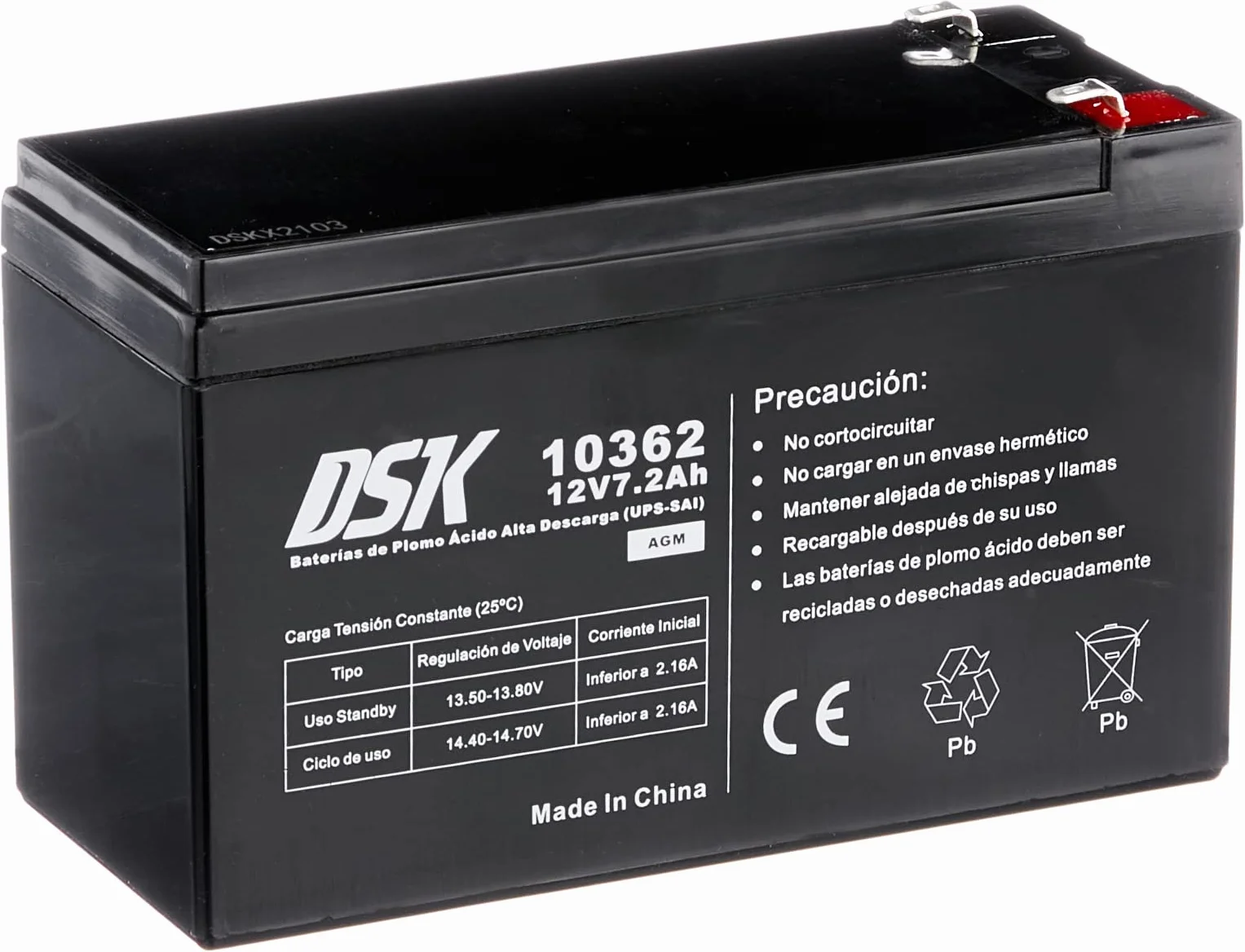 DSK 10362-12V 7.2Ah High Discharge Sealed Rechargeable AGM Lead Acid Battery for UPS Security Systems