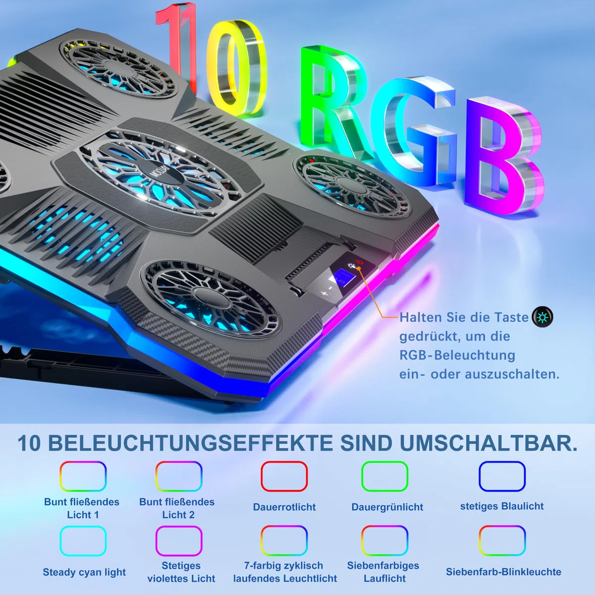 podkładka chłodząca do laptopa z 9 cichymi wentylatorami do notebooków 14-19", stojak chłodzący do gier z 6 regulowanymi prędkościami wentylatora, 10 trybów światła RGB, 2 porty USB i uchwyt na
