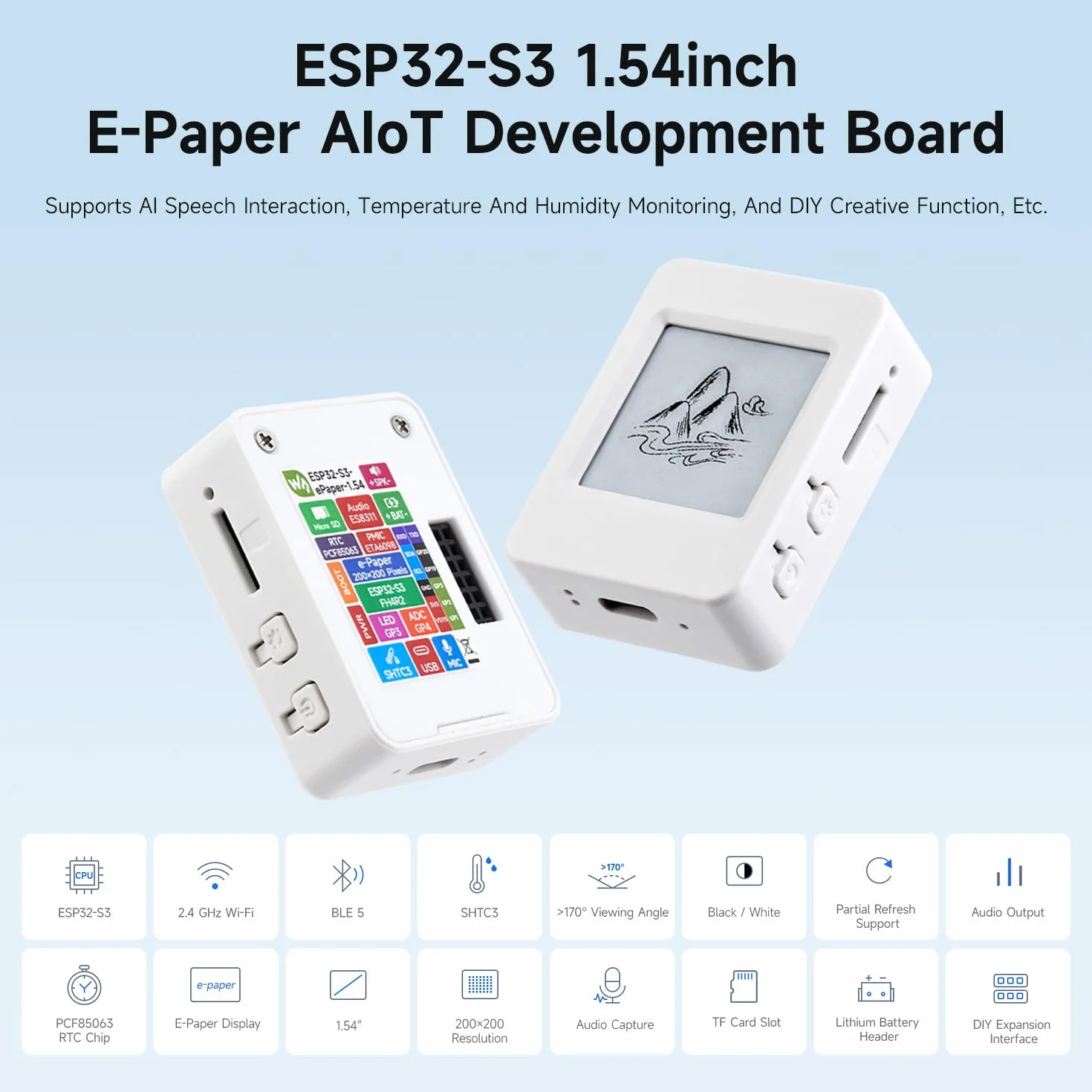 Waveshare ESP32-S3 1.54inch E-Paper AIoT Development Board, 200x200, Black/White, Supports Wi-Fi And BLE Dual-Mode Communication, without batt