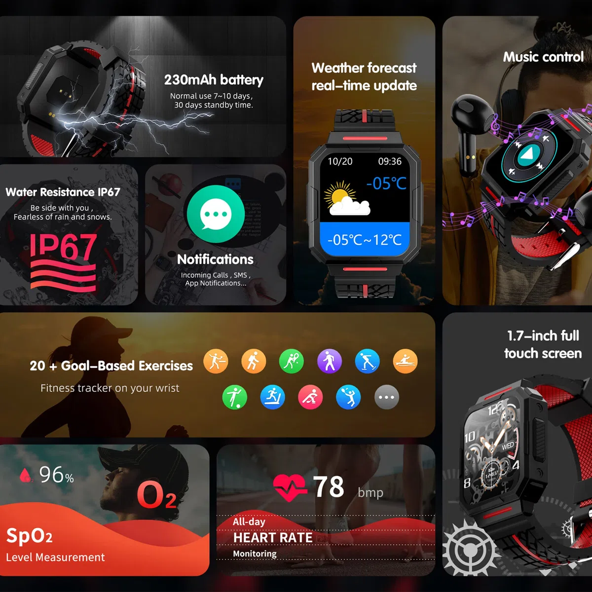 Smartwatch dla mężczyzn, 1,69 cala Wodoodporny IP68 Bransoletka Aktywność 22 Tryby Sportowe z Pulsometrem Monitora Uśpienia Monitora aktywności Stoper Kalorie Krokomierz dla Androida iOS
