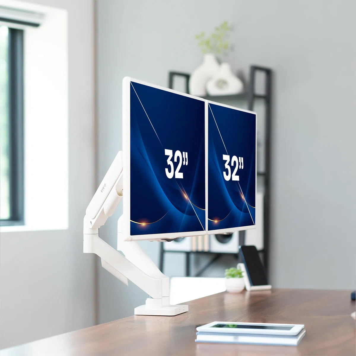 VIVO podwójny uchwyt na monitor o przekątnej ekranu do 32 cali i 9 kg na monitor, mechaniczny uchwyt biurkowy, przeciwwaga przegubowa, stojak VESA, klasyczny, biały STAND-V002OW