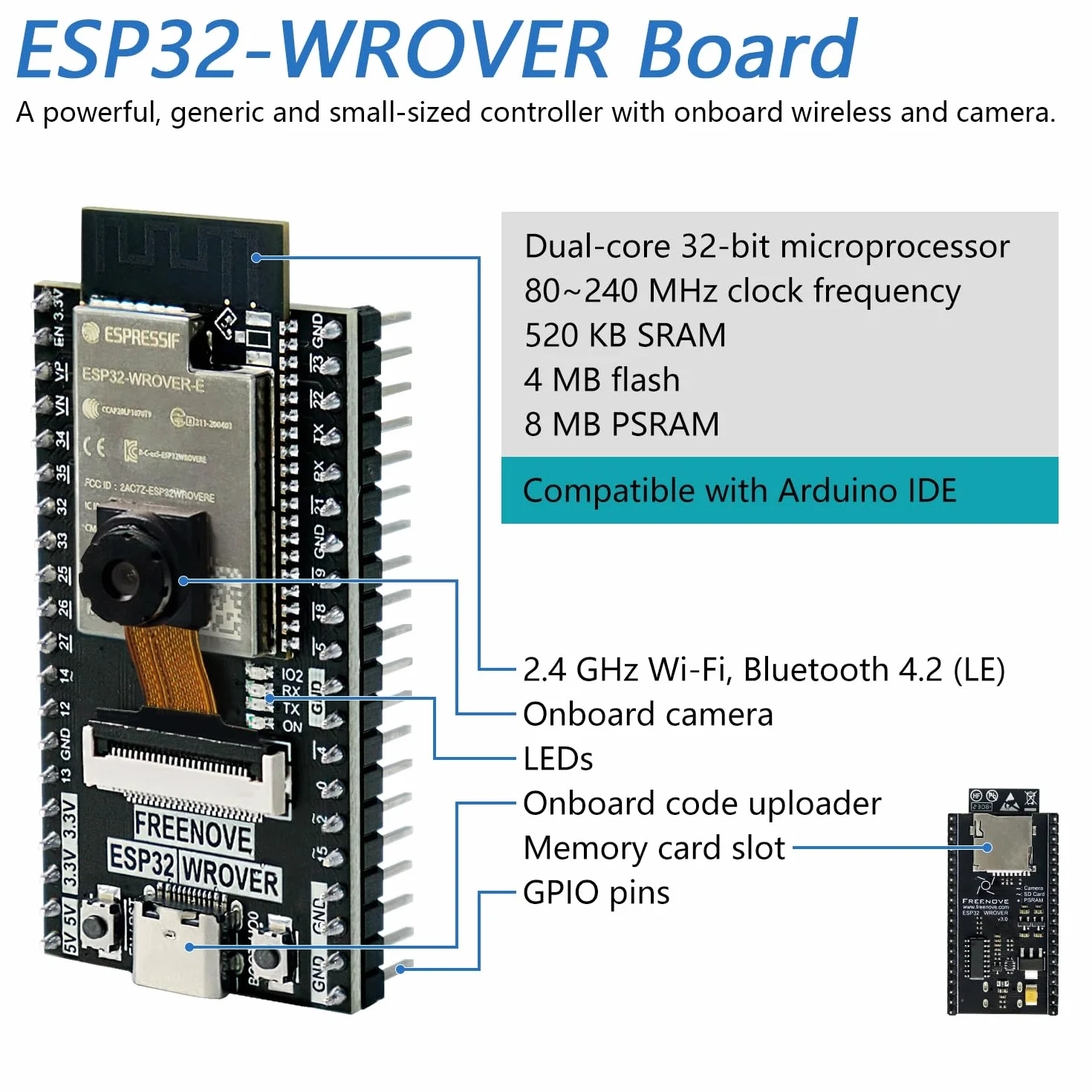 Freenove ESP32 CAM dev Board Kit, Dwurdzeniowy 32-Bitowy Mikrokontroler 240 MHz, Kamera Wbudowana WiFi+BT, Kod Python C, Przykładowe Projekty Tutorial
