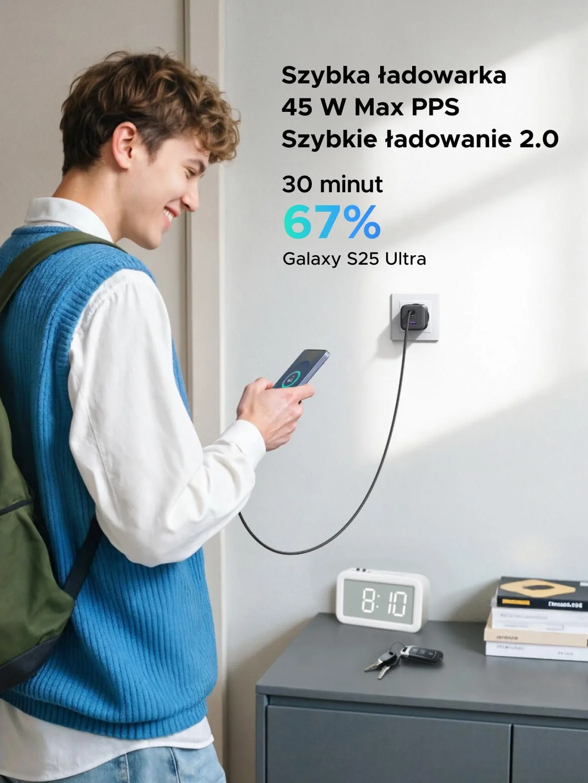 UGREEN 45W ładowarka USB C 3-portowa szybka ładowarka PPS 25W zasilacz PD ładowarka GaN adapter kompatybilny z Galaxy S25 Ultra, S24, iPhone 16 Pro Max, MacBook Air, iPad, Tab A8, Pixel 9, HomePod