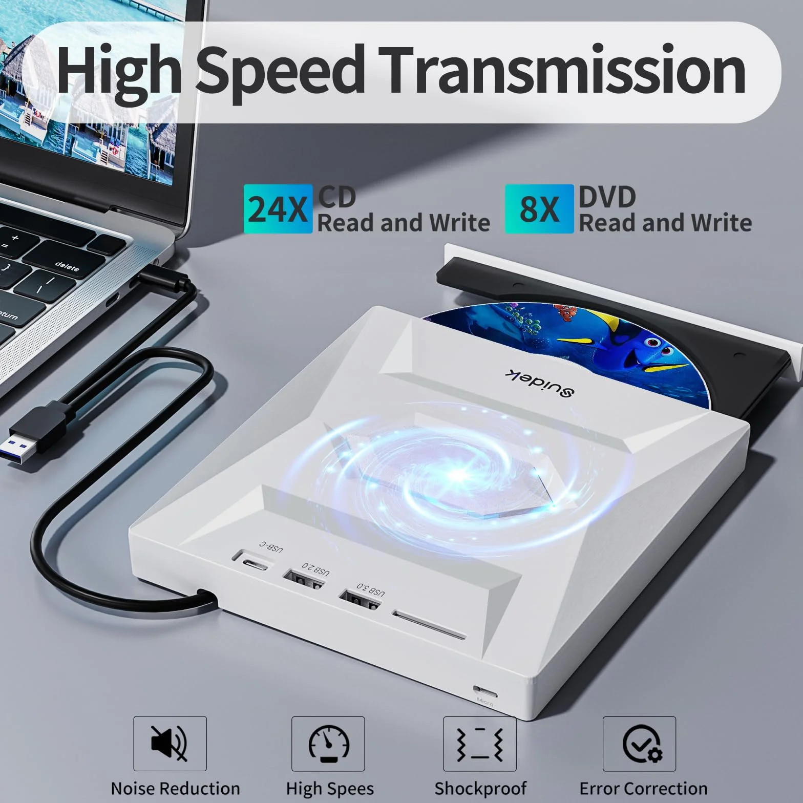 SUIDEK Zewnętrzny napęd CD DVD do laptopa, 5 w 1, ultra cienki, przenośny, USB-C CD+/-RW, odtwarzacz DVD do laptopa z czytnikiem kart SD, koncentrator USB 3.0 typu C, do komputerów stacjonarnych