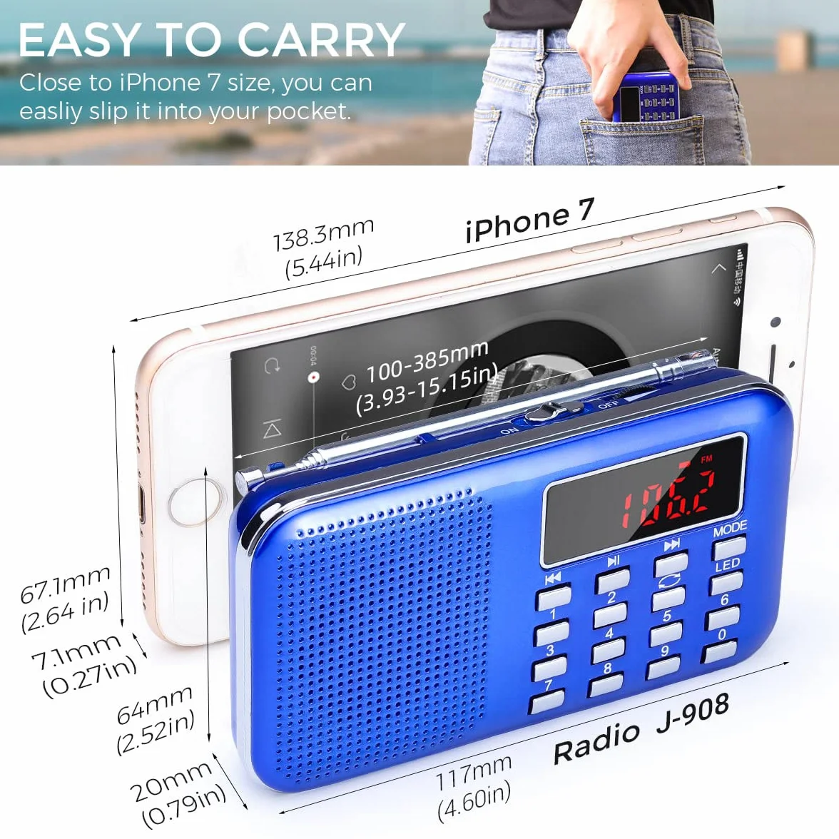 PRUNUS J-908 Przenośne radio AM FM na baterie z latarką awaryjną, mini ładowalne radio USB/TF MP3 niebieski