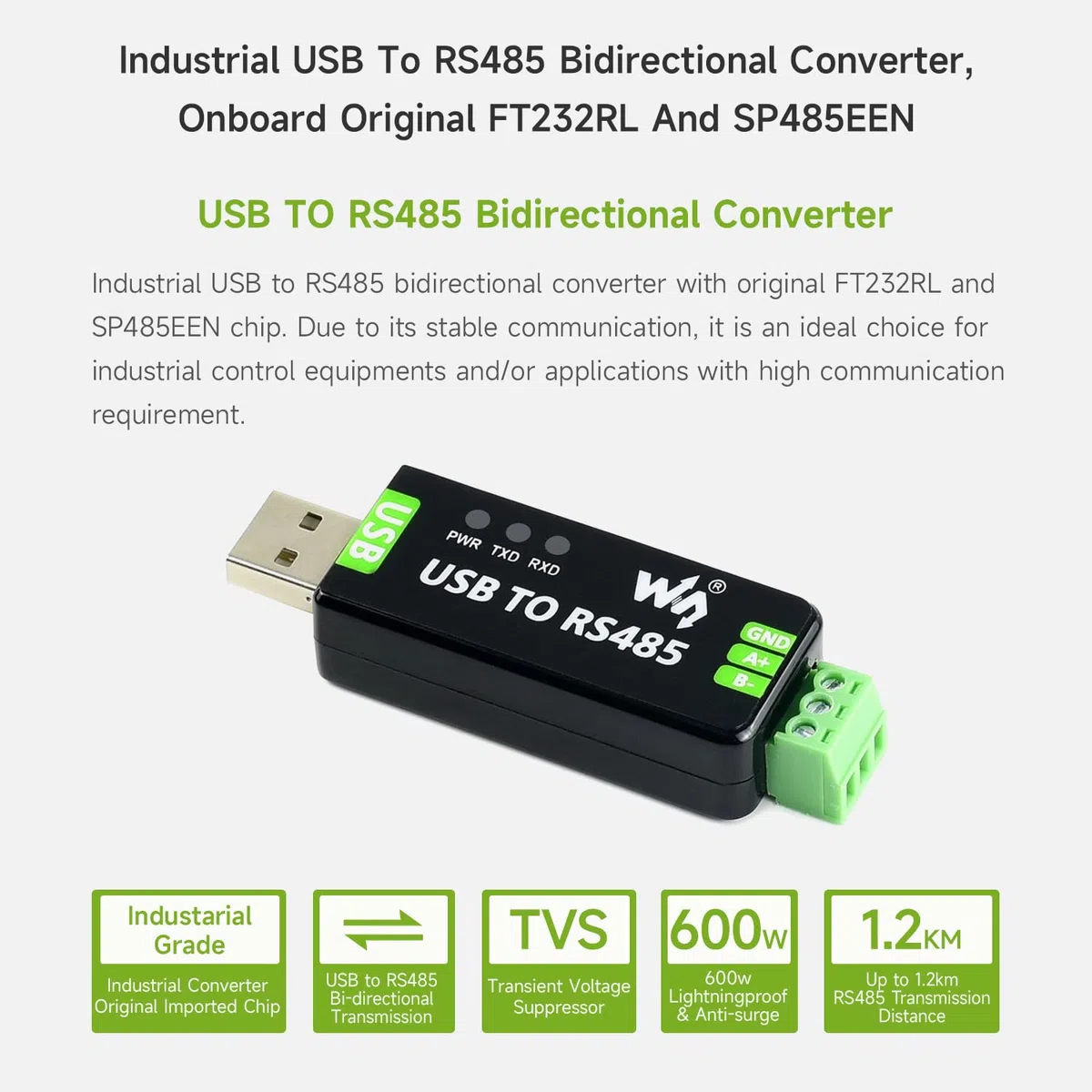 LUCKFOX Konwerter USB na RS485, przemysłowy konwerter USB na RS485, stabilna komunikacja, do przemysłowych urządzeń sterujących lub aplikacji o wysokich wymaganiach komunikacyjnych