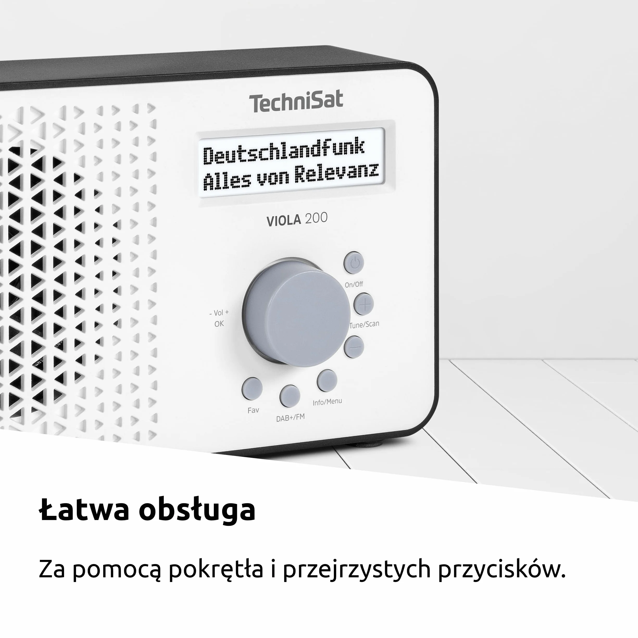 TechniSat VIOLA 200 – przenośne radio DAB+/FM (LCD, antena teleskopowa, pamięć ulubionych, wyjście słuchawkowe, zasilanie sieć/baterie, głośnik mono, RDS, PLL) biało-czarne