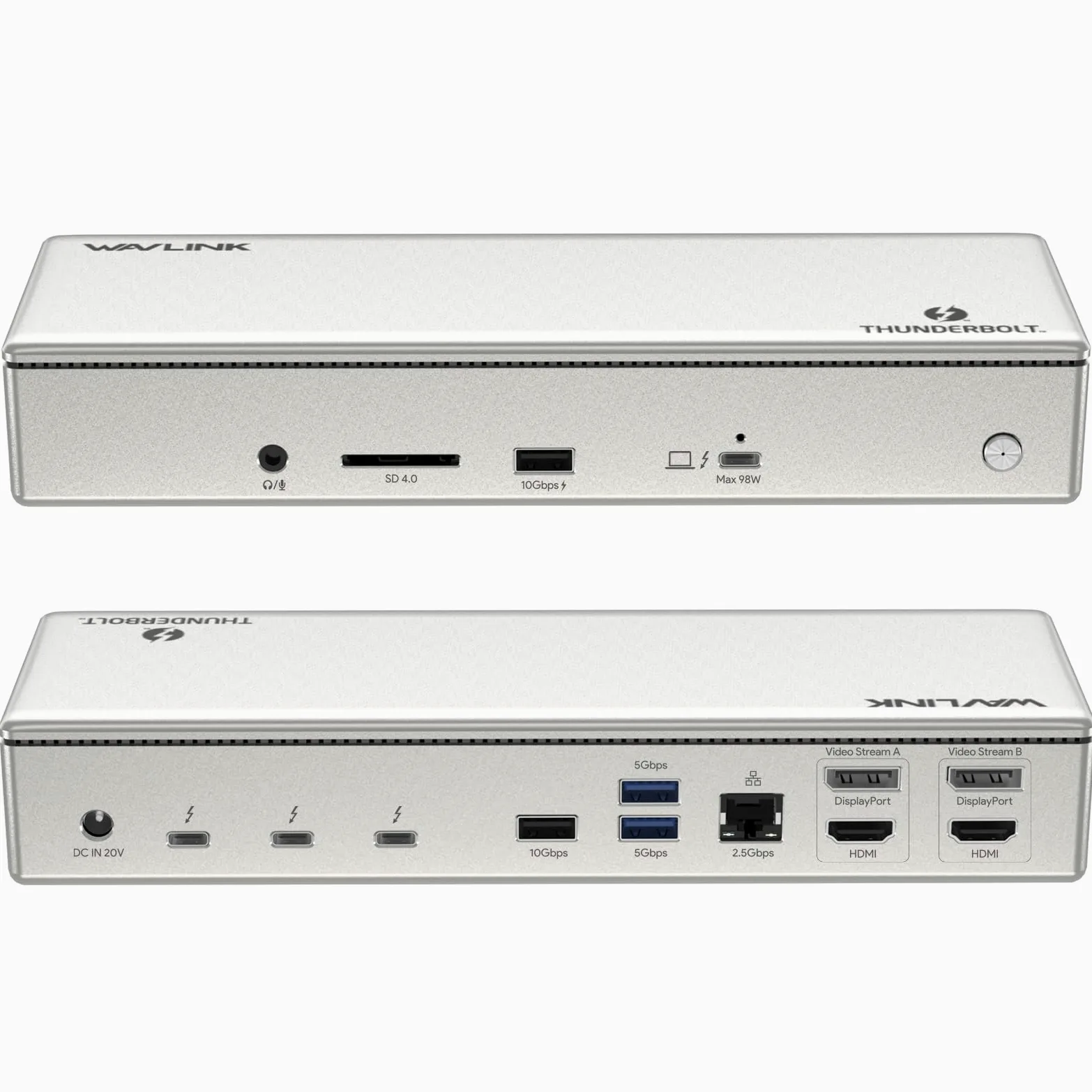 WAVLINK Thunderbolt 4 stacja dokująca 15 w 1, 98 W PD, pojedyncza stacja dokująca 8K/Quad 4K z 2 DP/2 HDMI, 4 portami Thunderbolt 4, 4 x USB A, 2.5 GbE, SD, Audio/Mic, kompatybilna z MacBook Pro/Air