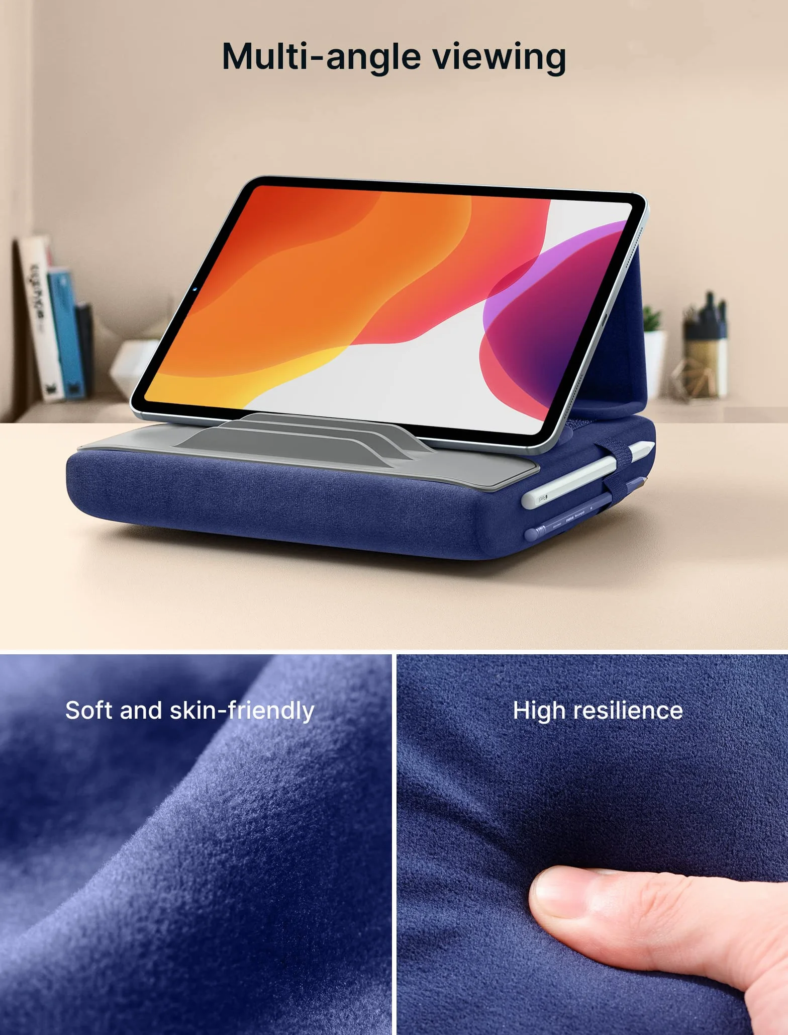 JSAUX Uchwyt na tablet do łóżka, stojak na poduszkę na tablet Kompatybilny z iPadem Pro 11 10,5 9,7 10,2 Air Mini, Kindle, Tablet, telefony i inne urządzenia 4-11'' na kolana, łóżko i biurko Granatowy