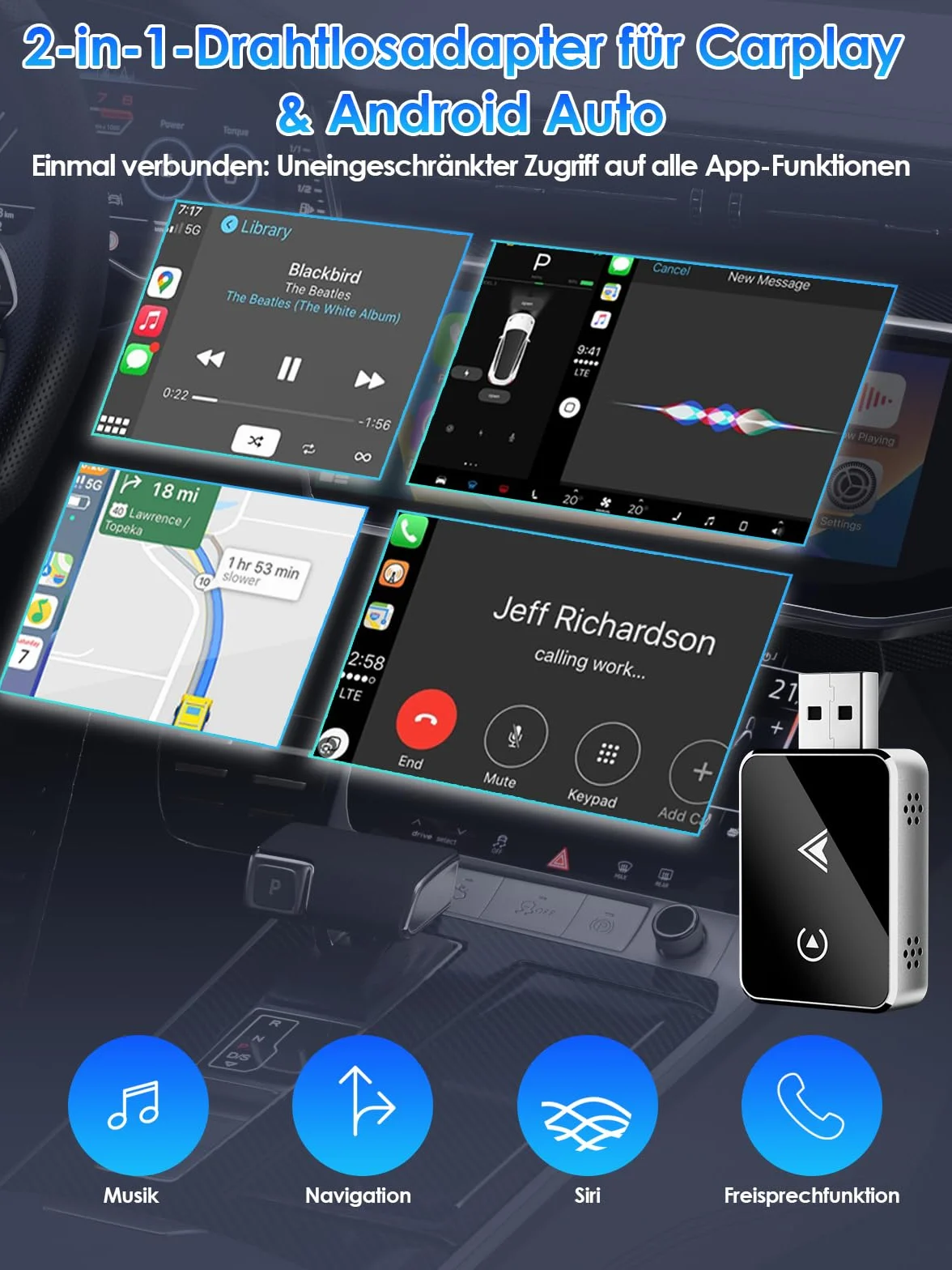 Adapter bezprzewodowy 2 w 1 do CarPlay/Android Auto, PARPAT konwersja z przewodowego na bezprzewodowy z USB/Type-C, stabilne połączenie i brak opóźnień, kompatybilny z iPhone/Android