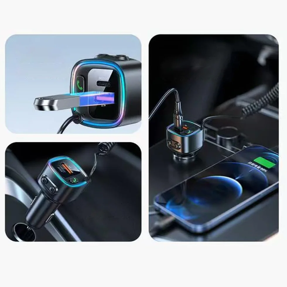 Adapter Bluetooth Aux 5.4 USB C do zapalniczki samochodowej z kablem spiralnym jack 3,5 mm, szybka ładowarka PD 30W QC 12W