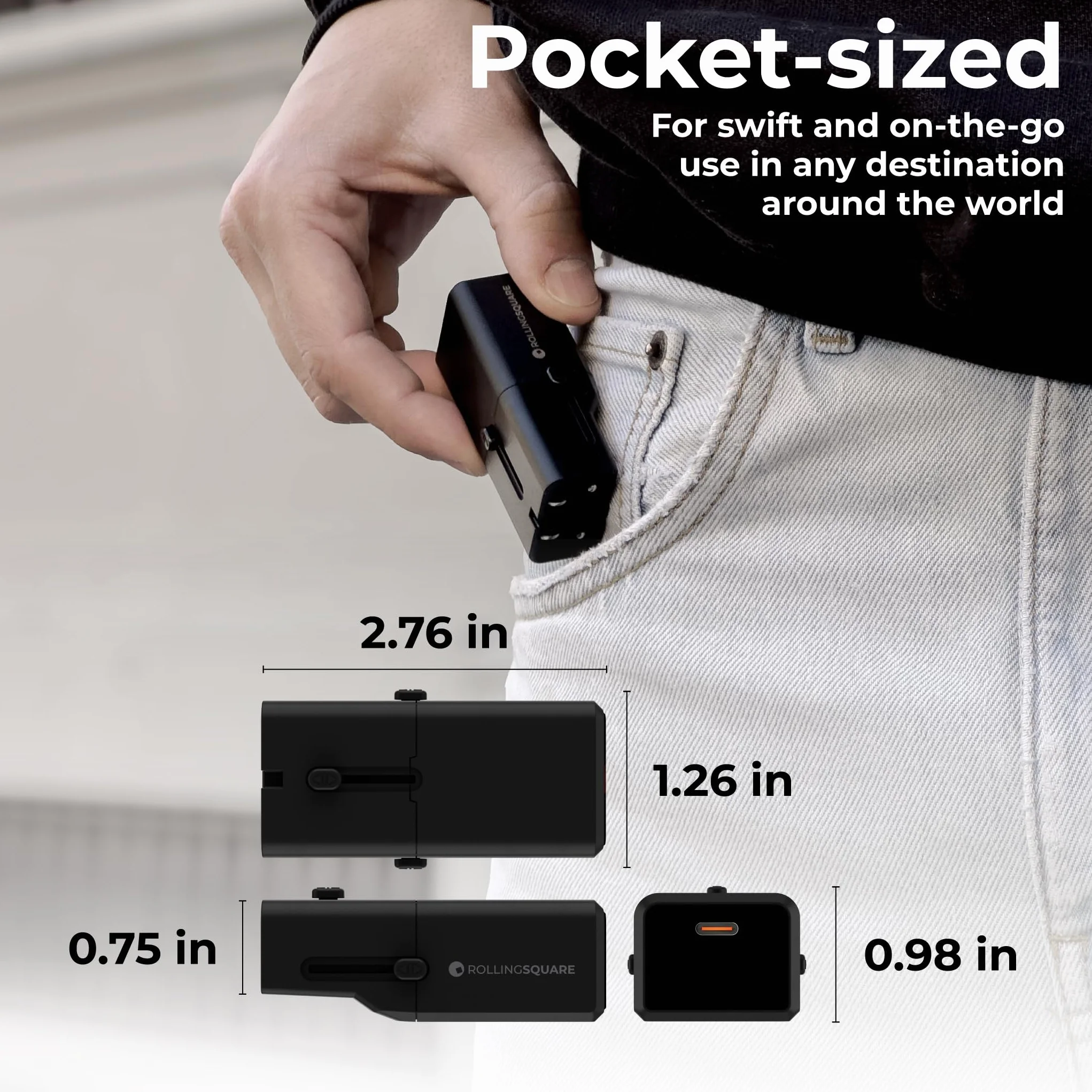 Rolling Square Pocket Travel Adapter – uniwersalny adapter do ładowania z USB-C do ponad 200 krajów US, UE, UK, AU, wtyczka z szybkim ładowaniem 30 W do smartfonów, tabletów i innych, kompaktowy i