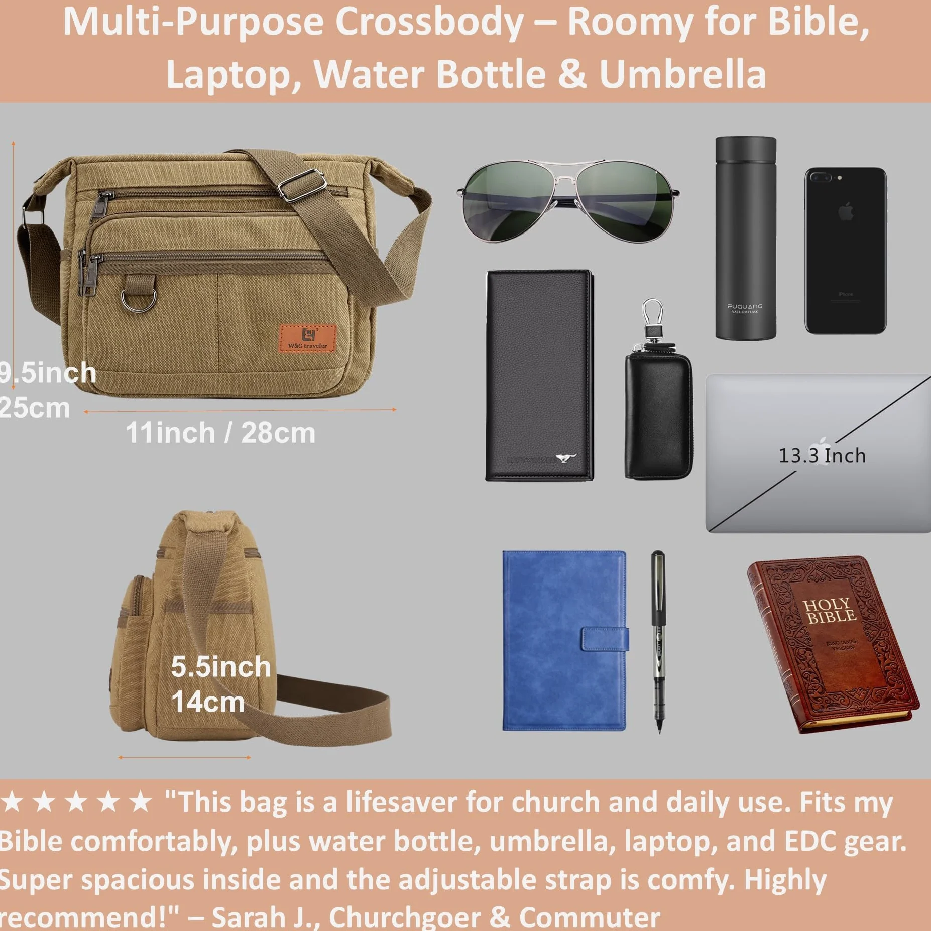 Torba listonoszka Crossbody RFID z uchwytami na butelki, 13-calowa na laptopa, portfel wbudowany