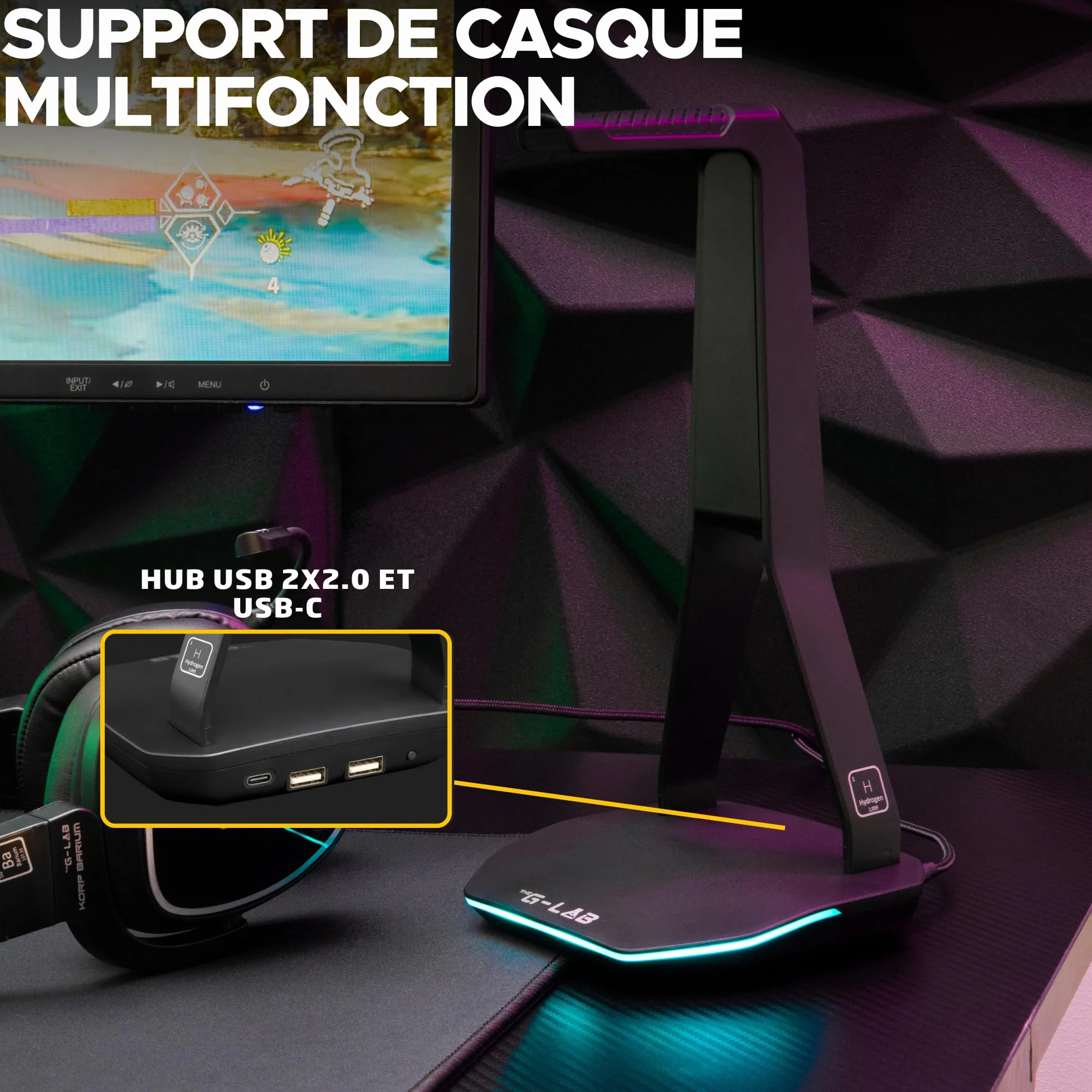 The G-Lab K-Stand Hydrogen Uchwyt na słuchawki RGB 7 kolorów USB USB-C antypoślizgowa podstawa