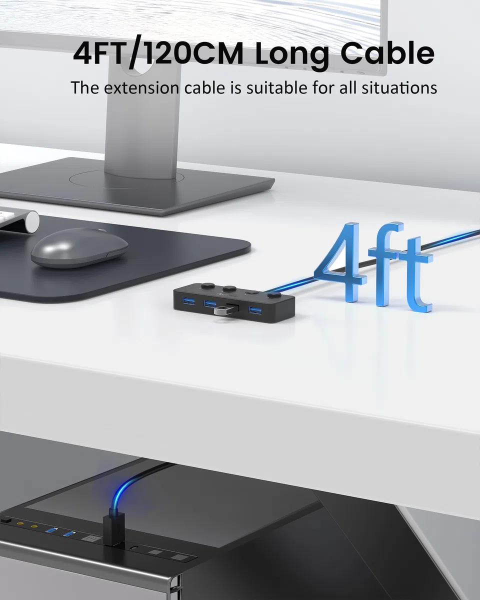 Aceele 4-portowy Koncentrator Usb Z Kablem Przedłużającym 120cm/4ft, Koncentrator Danych Usb A 3.0 Z Indywidualnymi Przełącznikami Zasilania Led Do Komputerów Pc, Laptopów, Pamięci Flash
