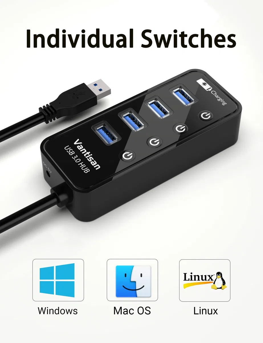vantisan 4 porty USB 3.0 Hub zasilany z zasilaczem 5 V/3 A