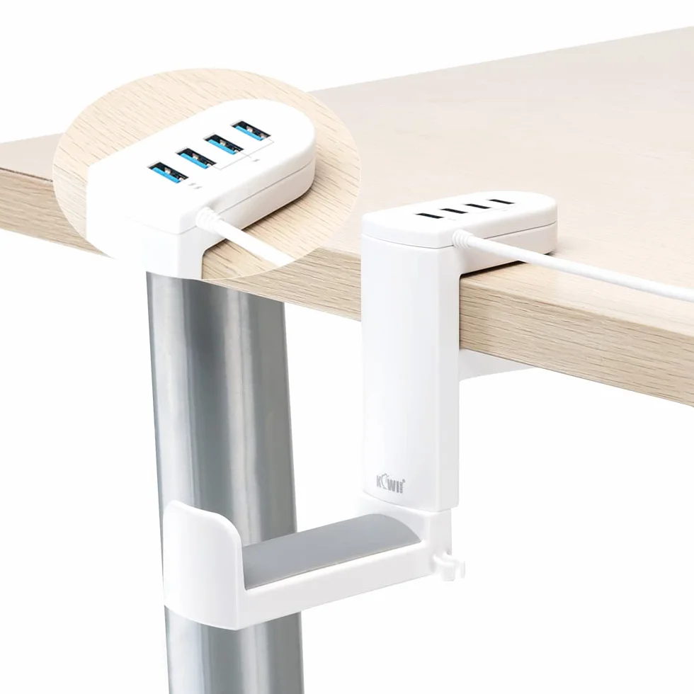KIWIFOTOS Stojak na słuchawki z obrotowym wieszakiem na słuchawki o 360° + regulowanym zaciskiem sprężynowym, uchwyt na słuchawki do gier na biurko - z USB 3.0 x1 + USB 2.0 x3 - biały