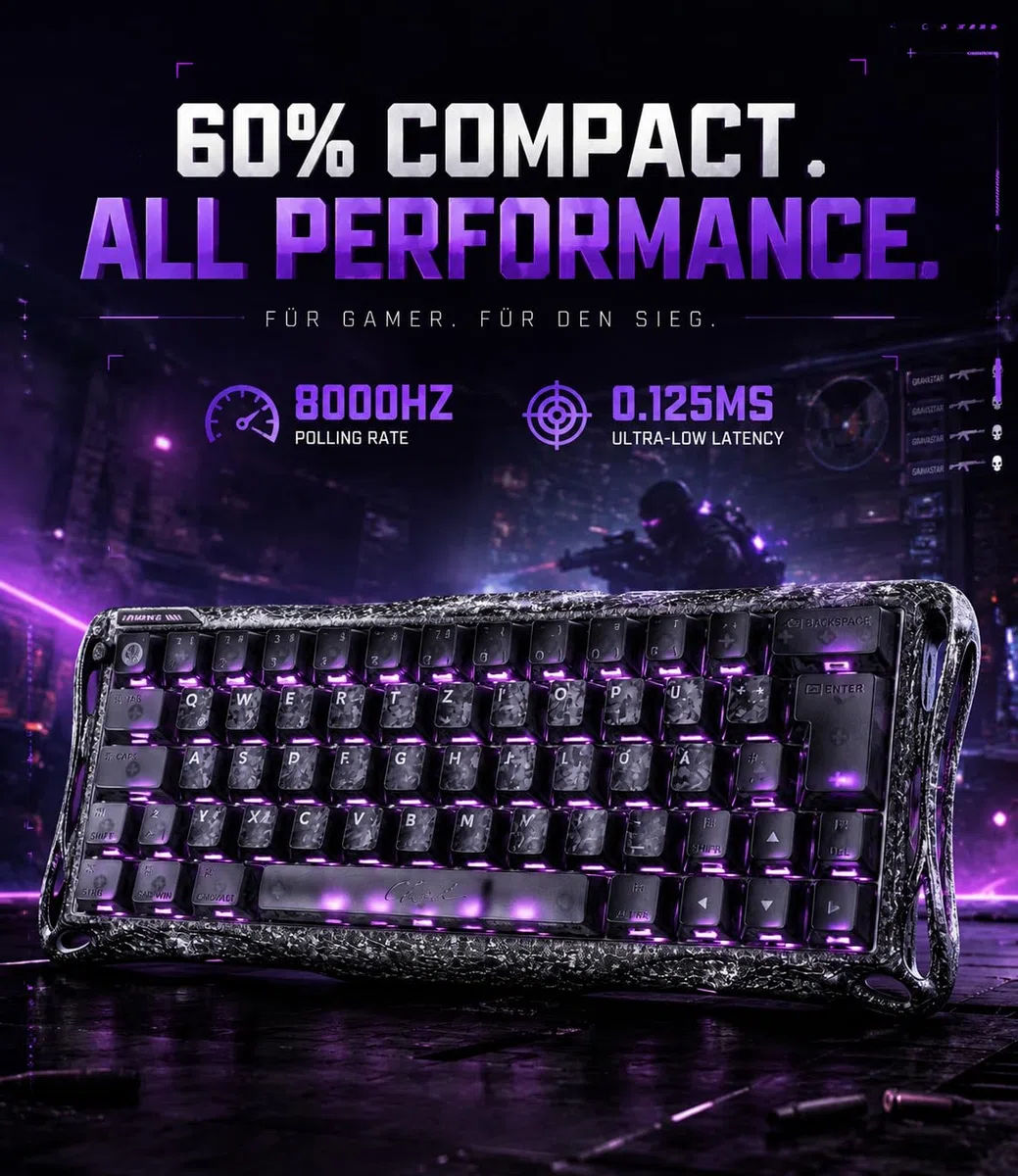 GravaStar Mercury V60 Pro 60% klawiatura do gier z efektem Hall, układ QWERTZ, częstotliwość 8000Hz, klawiatura z szybkim spustem, 0,005mm RT, magnetyczne przełączniki, SnapKey, aluminiowe CNC