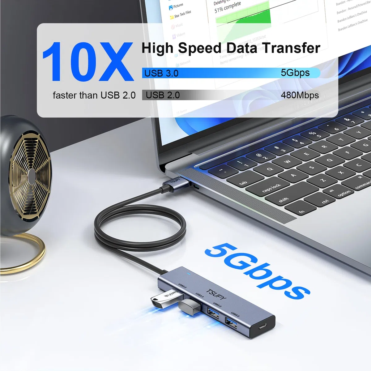 TSUPY Koncentrator USB 3.0 - Aluminiowy Hub Z 4 Portami, Przedłużacz 120 cm, Rozdzielacz 5 Gb/s Do MacBooka, iMaca, Surface Pro, XPS, Notebooka, Pamięci i Więcej