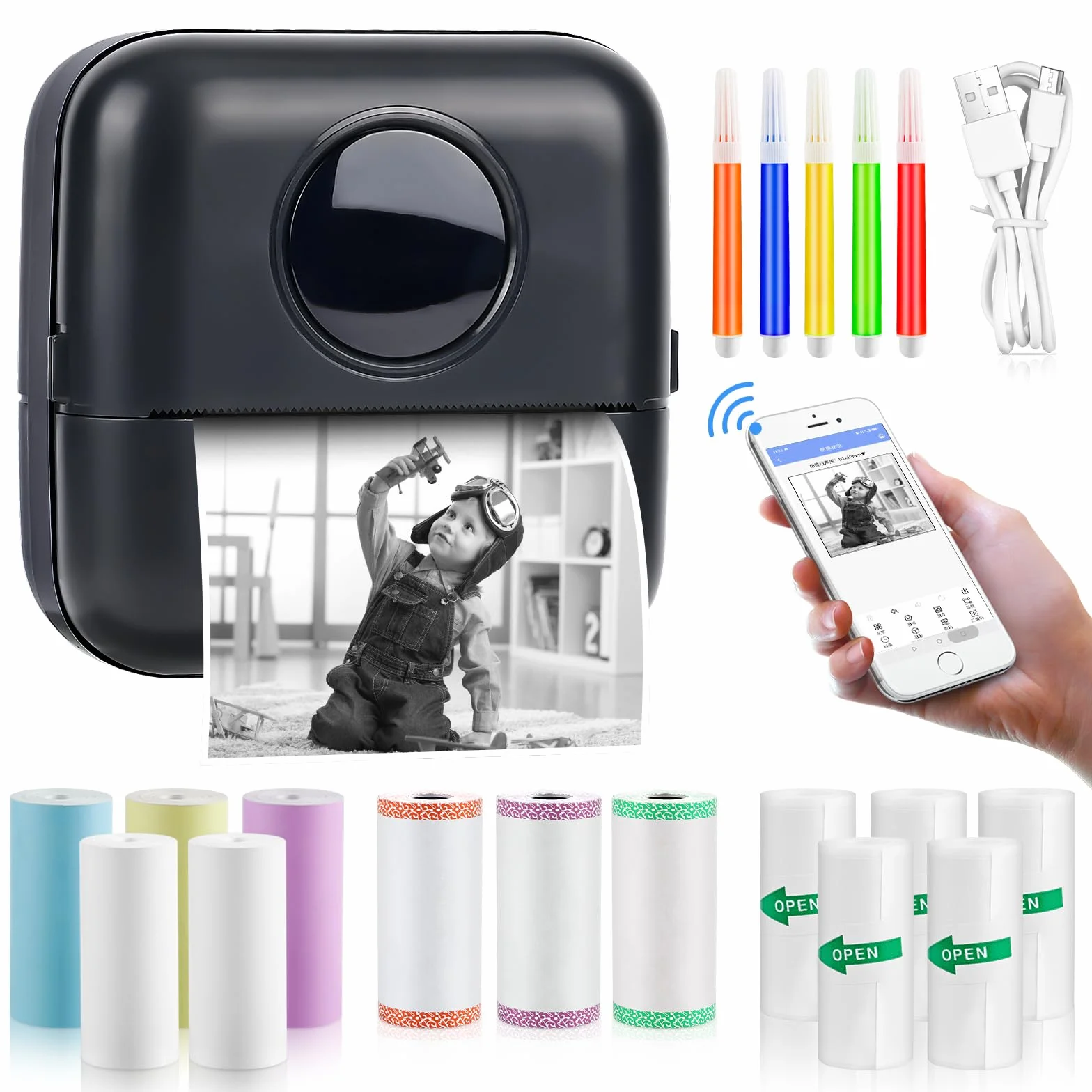 GuKKK Mini drukarka, mobilna drukarka fotograficzna, przenośna, bezprzewodowa drukarka termiczna, 13 rolek papieru do drukarki i 5 kredek, pomoc w nauce, notatek, notatek, listy