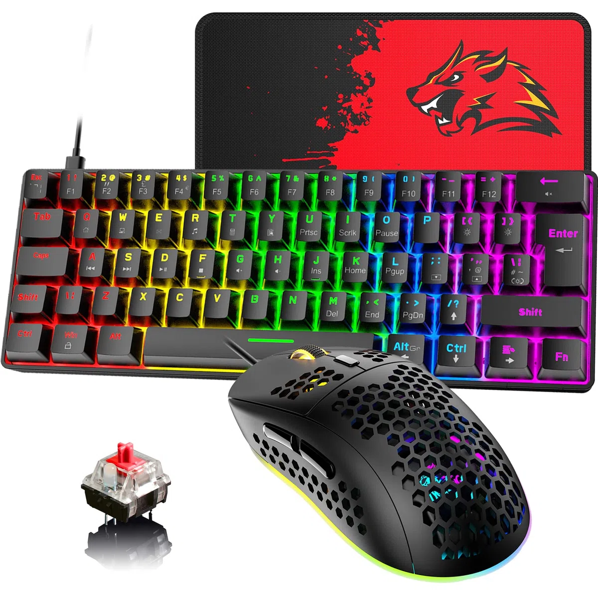 Przewodowa klawiatura i mysz do gier z 60% układem brytyjskim, 62 klawisze, mini kompaktowa klawiatura mechaniczna, 19 tęczowych podświetlanych klawiszy Full Anti-Ghosting + 6 podświetlanych RGB 6400