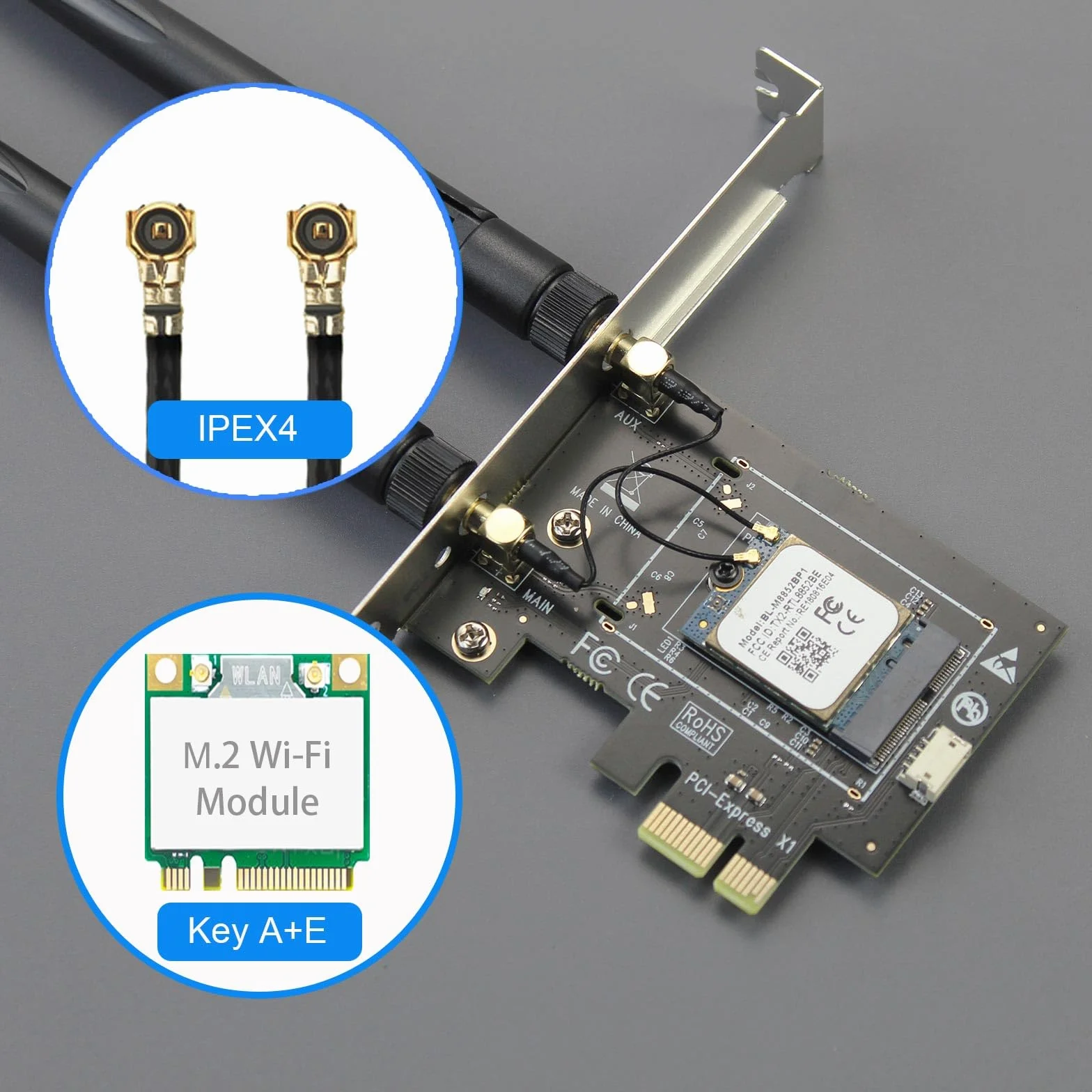 GLOTRENDS WA01 Adapter M.2 E Key na PCIe X1 WiFi Bluetooth dla modułu M.2 WiFi 4/5/6/6e/7/Coral TPU, z zestawem anten 6-dBi SMA
