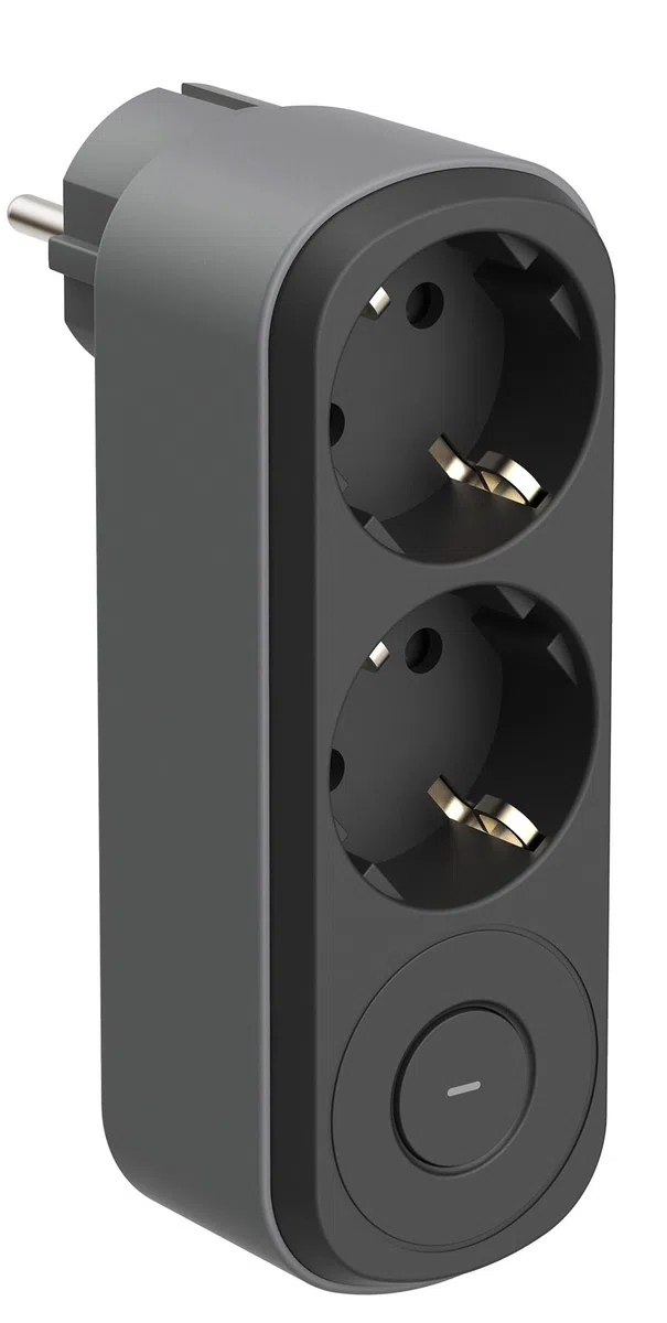 Electraline 55106 Prima podwójny adapter 2 gniazda wtykowe 16 A (2P+A) z uziemieniem przednim, z włącznikiem/wyłącznikiem, listwa zasilająca z 2 gniazdami z zestykiem ochronnym, czarny/szary