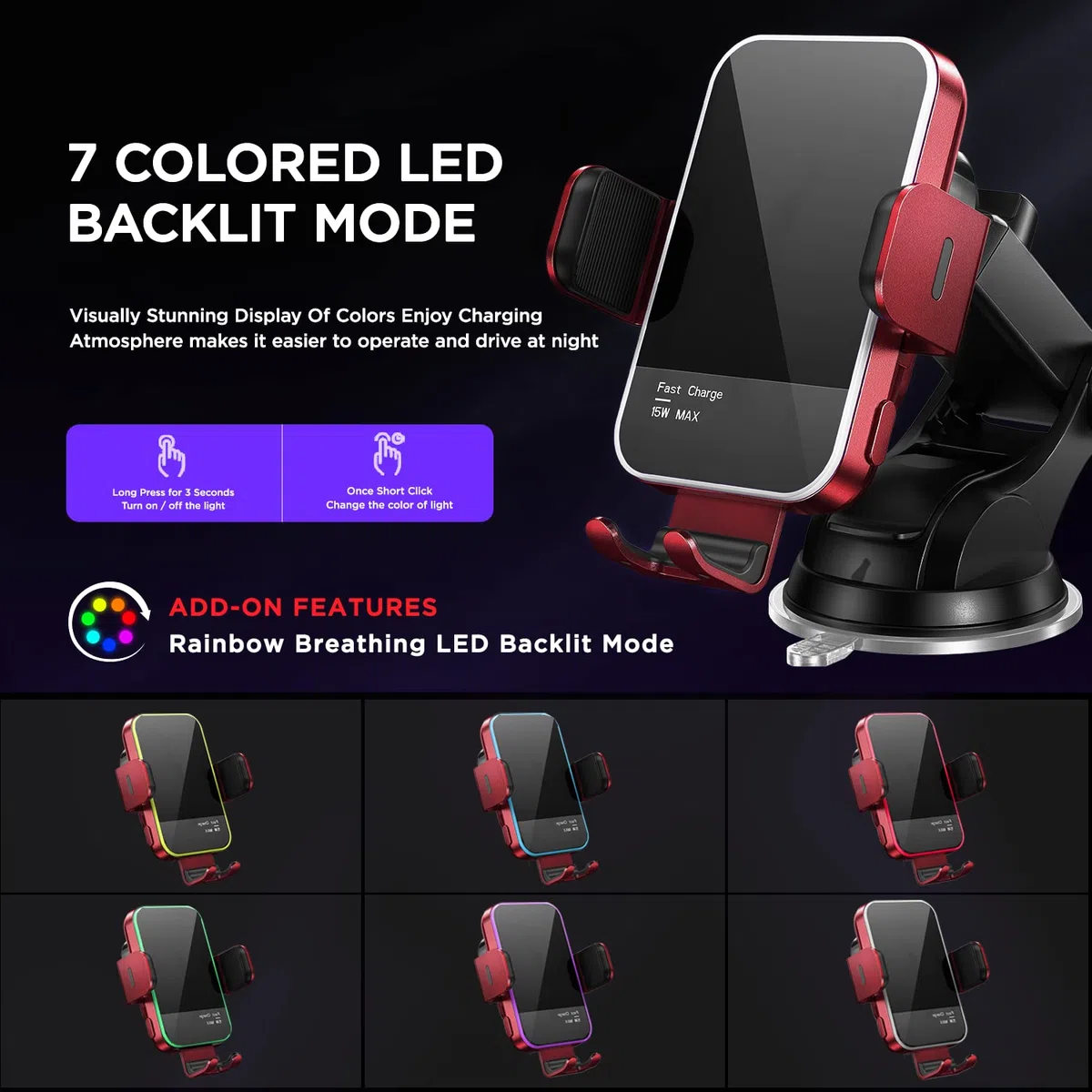Bezprzewodowa ładowarka samochodowa, 7 kolorowych podświetleń RGB: Mosurr 15 W Auto zacisk ładowarka samochodowa uchwyt do telefonu pasuje do iPhone'a 15 14 13 12 Mini Pro Max 11 XR XS, Samsung Galaxy