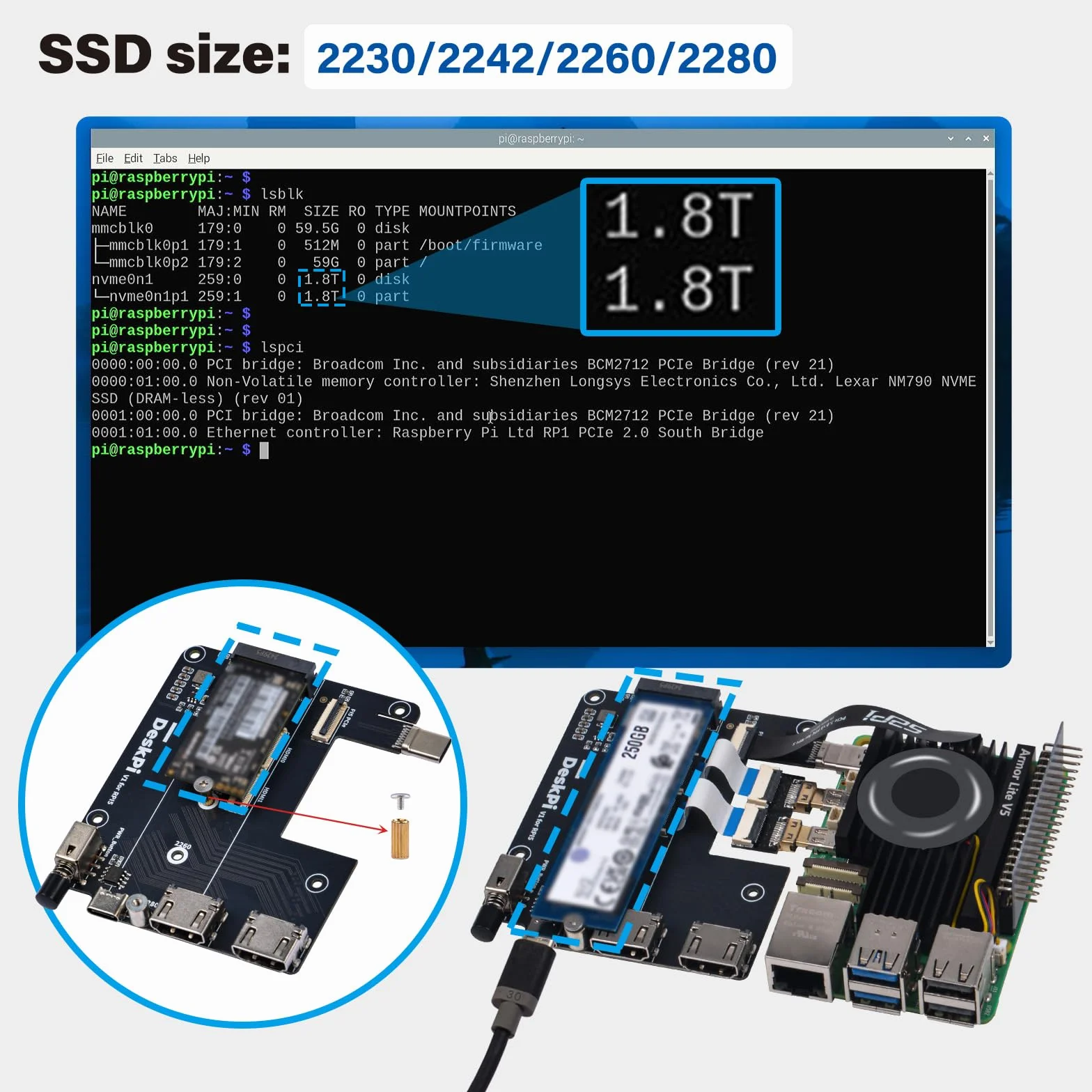 GeeekPi DeskPi Lite Pi5 Obudowa z przyciskiem zasilania, PCIe na M.2 HAT, aktywnym chłodzeniem i podwójnym HDMI w pełnym rozmiarze dla Raspberry Pi 5, obsługuje dyski M.2 NVMe M-Key 2230/2242/2260