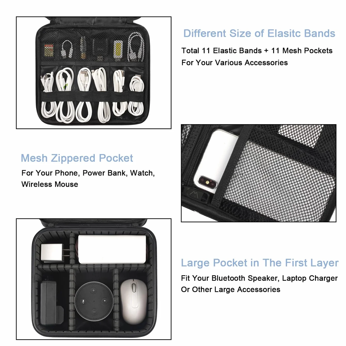 MATEIN Torba z organizerem kabli, 2-warstwowa podróżna torba na elektronikę, wodoodporna, odporna na uderzenia, podróżna torba z organizerem na kabel USB, powerbank, mysz, czarnyÓ