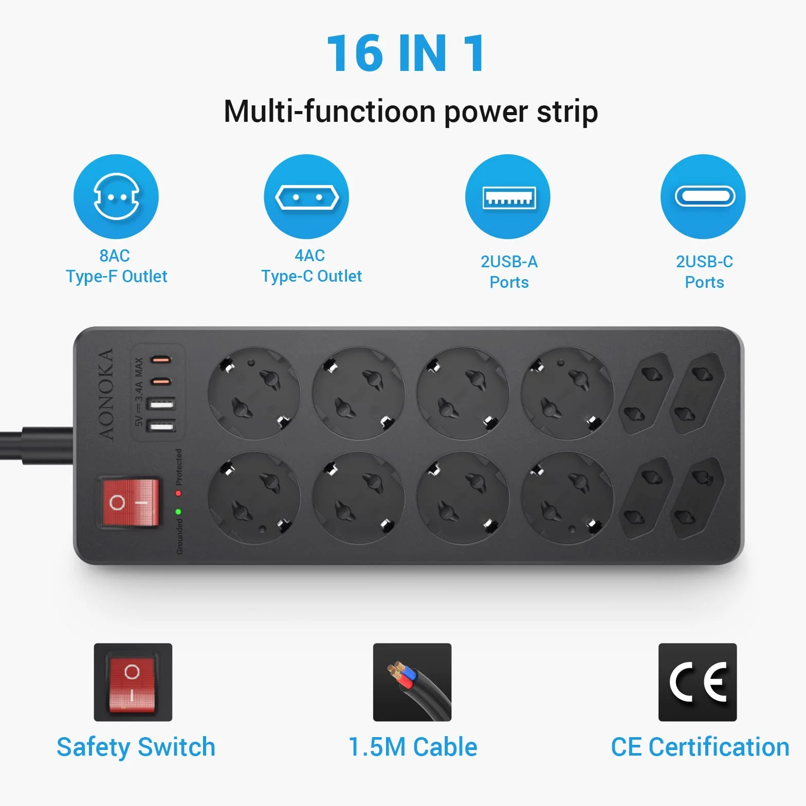 Listwa Zasilająca Przeciwprzepięciowa, Listwa z 12 Gniazdami i 2 USB-C 2 USB-A, Gniazdo Rozdzielacza z Przełącznikiem, Przedłużacz Wielowtykowy Montażu na ścianie Kabel 1.5m, Czarna