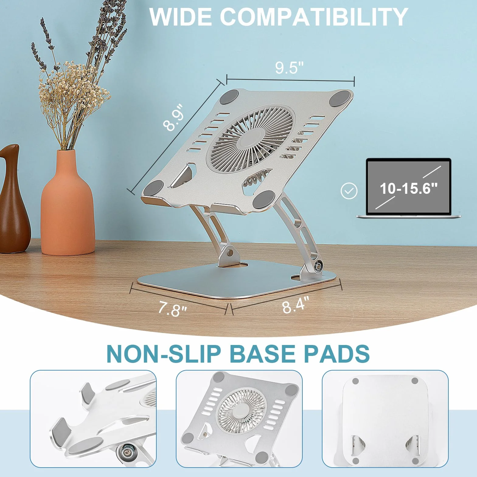 SHUWEI Stojak chłodzący na laptopa z 3-biegowym wentylatorem, regulowana wysokość, stojak na laptopa, ergonimiczna aluminiowa podkładka chłodząca do laptopa 10-15'' - szary (Bule-Grey)