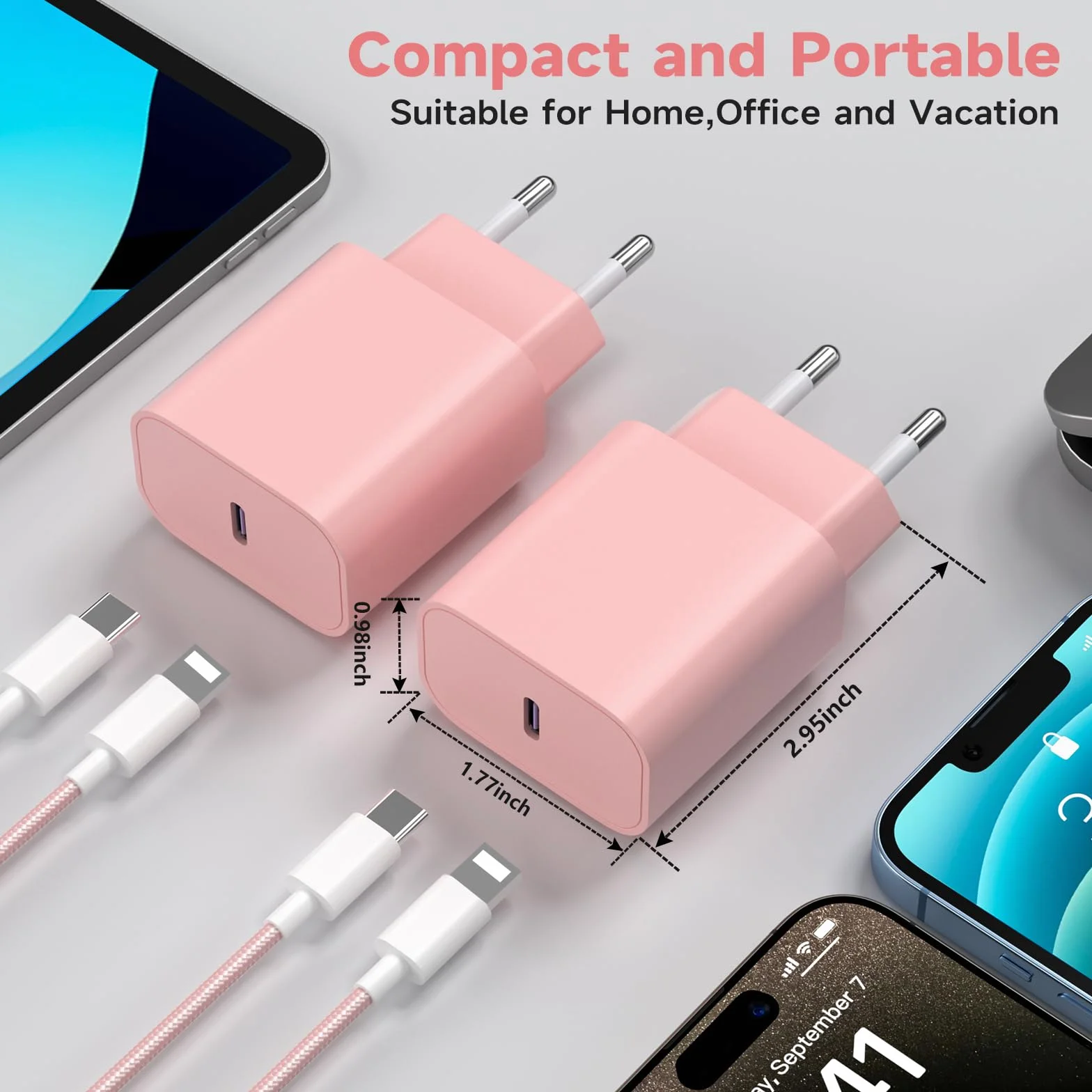 2Pack 20W USB C Ładowarka Phone 14 13, PD3.0 USB-C 20W Szybka Ladowarka i Lighting Kabel Ladowania 2m do Phone 14/14 Plus/14 Pro/14 Pro Max/13/12/11/Mini/SE/Pad - Różowy