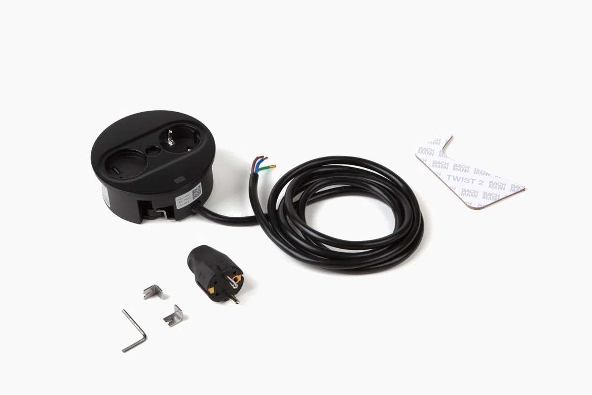 BACHMANN Gniazdko do zabudowy Twist 2, okrągłe, 1 x gniazdko z USB A i USB C, 2 m, do kuchni i biura, czarne, 946.104 (z automatycznym otwieraniem i powłoką zapobiegającą pozostawianiu odcisków palców