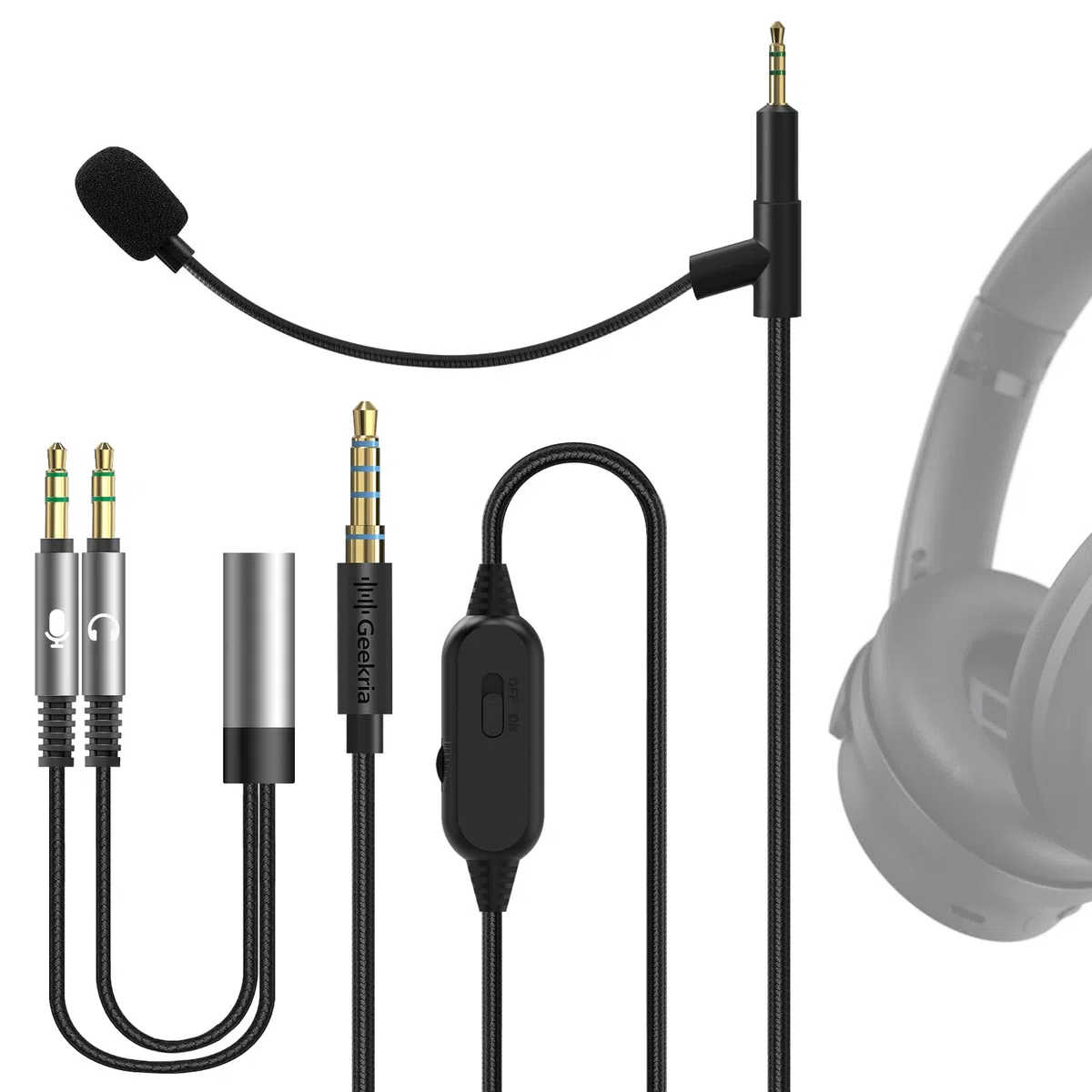 Geekria Kabel do słuchawek z mikrofonem typu boom, kompatybilny z Bose QC Ultra II/SE/45, 700, wtyk 2,5 mm, nylonowy pleciony zamiennik z mikrofonem boom do gier i spotkań (5,6 ft)