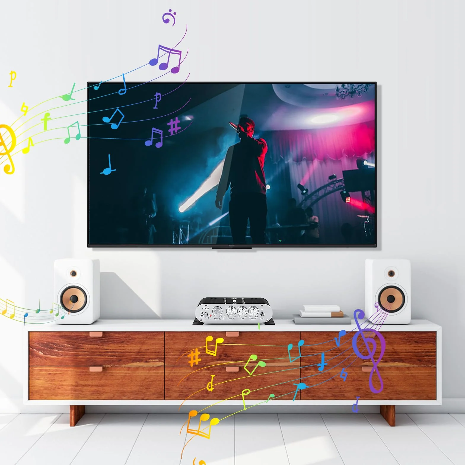 Wzmacniacz audio HiFi, wzmacniacz stereo 2.1 CH, RMS 20 W x 2 + 40 W ST-838 z wyjściem subwoofera, klasa D mini wzmacniacz cyfrowy z AUX do domu, czarny (z adapterem