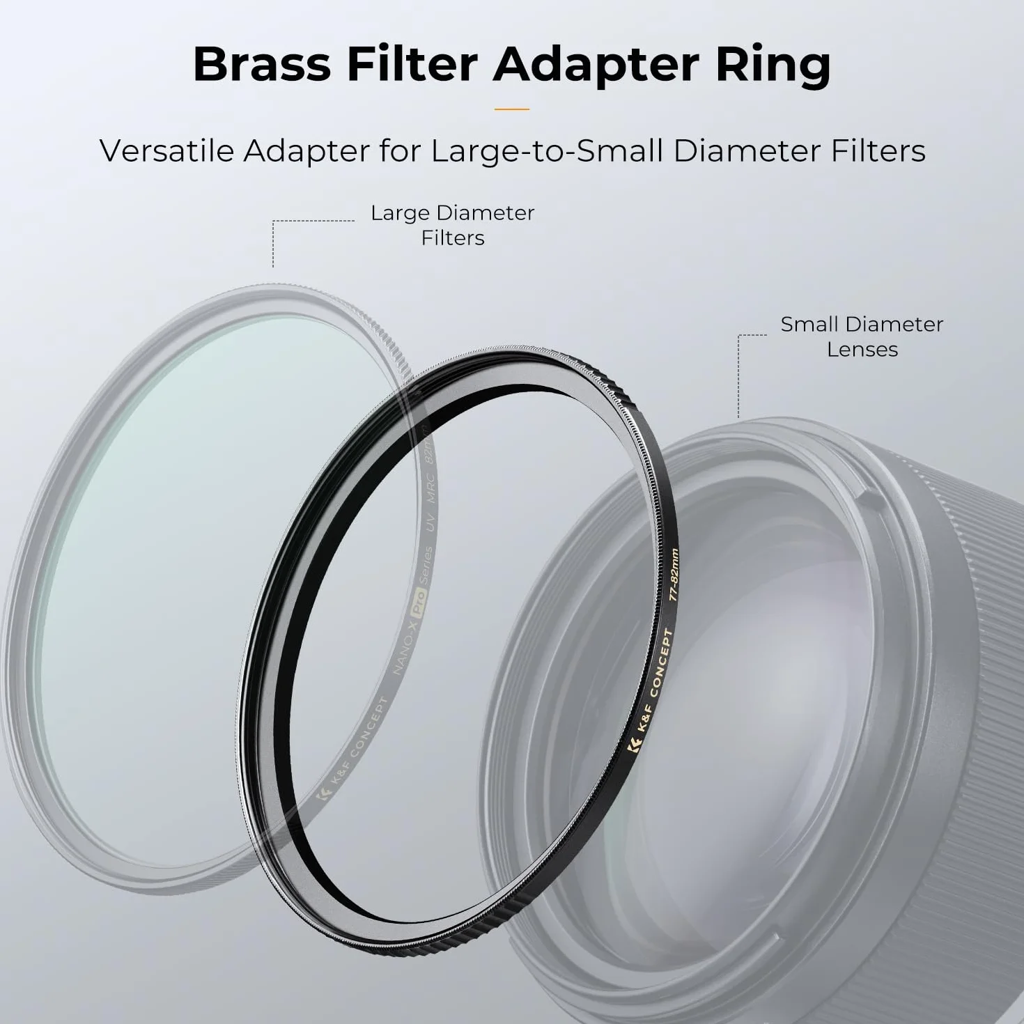 K&F Concept Pierścieniowy adapter filtra 77mm na 82mm, wykonany z mosiądzu CNC, pasuje do obiektywów 77mm z instalacją filtra 82mm