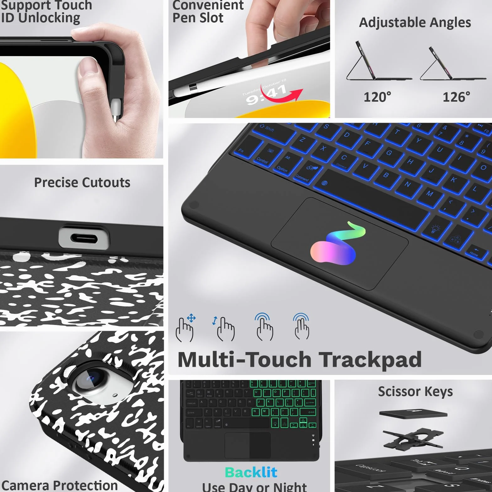 MoKo Touch Keyboard Case for iPad (A16) 11th Generation 11 inch 2025,iPad 10th Generation 10.9 inch Case with Pencil Holder,7 Colors Backlit Multi-TrackPad Detachable Bluetooth Keyboard,Notebook Black