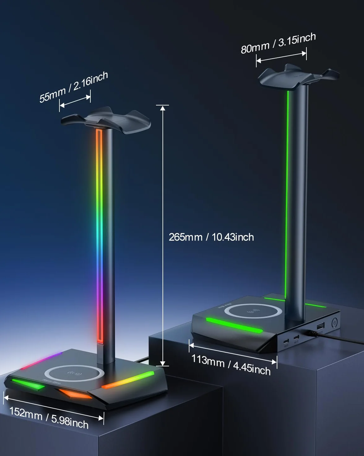 New Bee RGB stojak na słuchawki z ładowarką bezprzewodową, stojak na słuchawki gamingowe, uchwyt na słuchawki bezprzewodowe z funkcją ładowania bezprzewodowego z 1*USB 2*Typ-C 11 trybów efektów