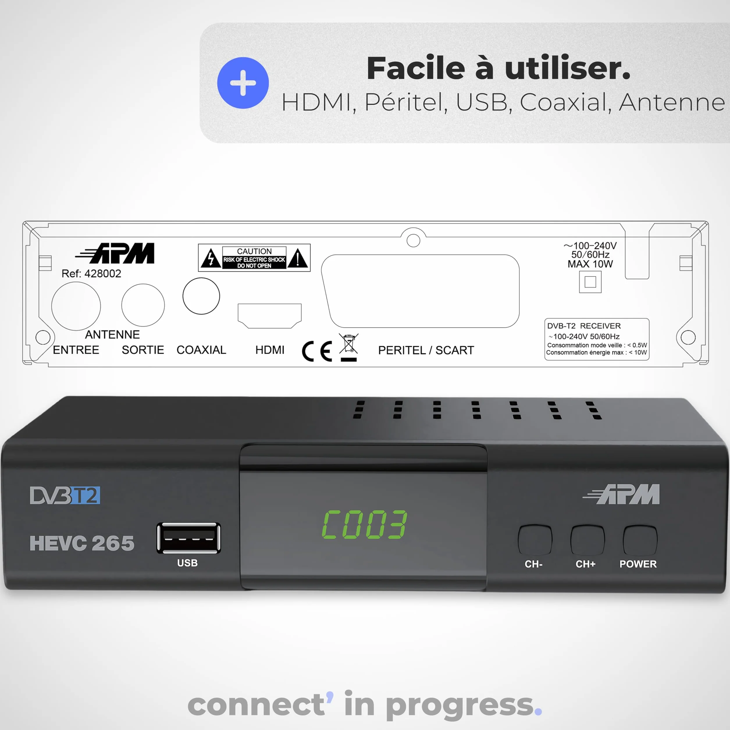 APM Dekoder TNT Full HD 1080p, tuner TNT H.265 HEVC, uproszczony pilot, demodulator DVB-T2 DVB-C Porty HDMI, SCART, USB, Coax. Darmowe kanały naziemne Francja Niemcy Hiszpania, 428002