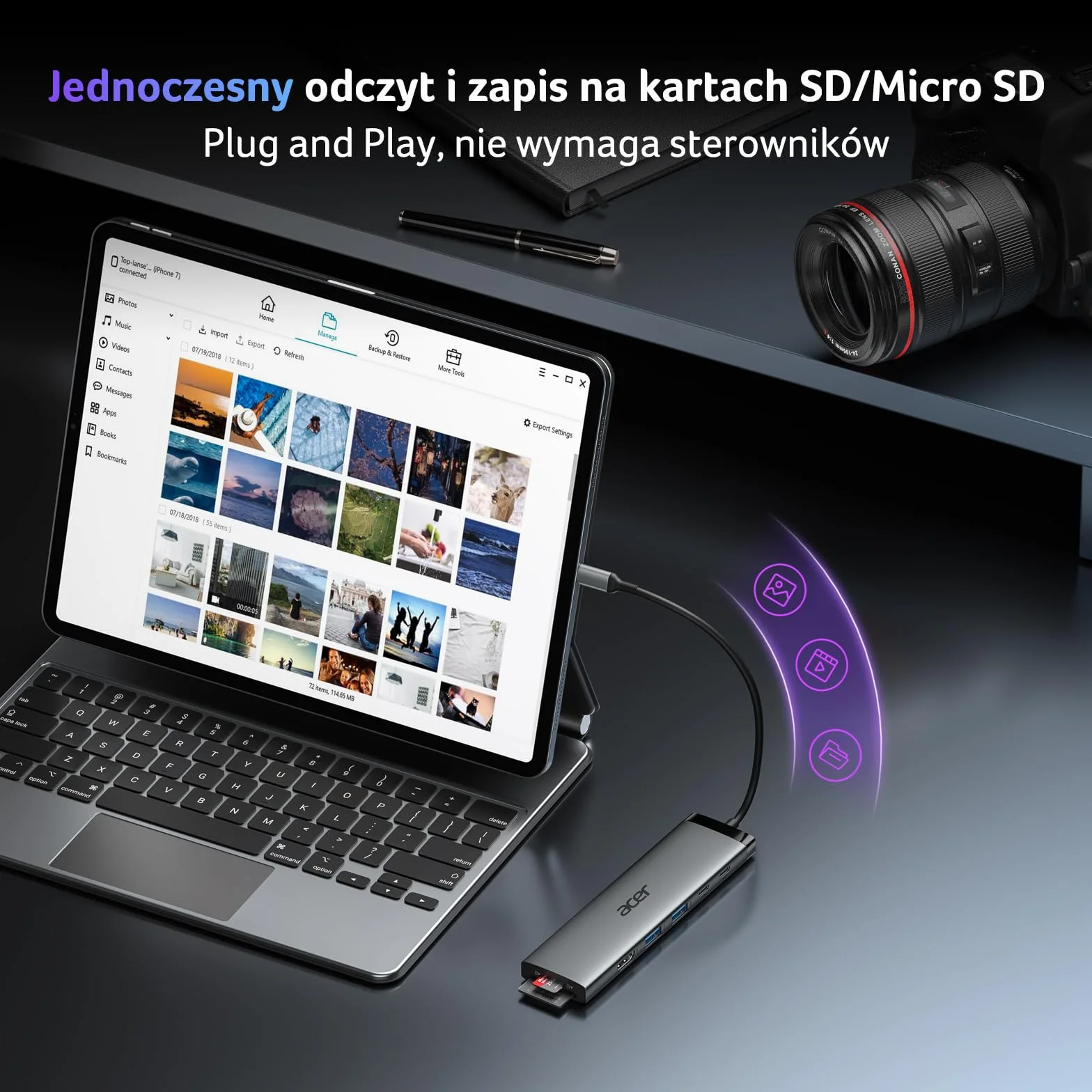 Acer 8 w 1 Hub USB-C 10Gbps Adapter USB-C do HDMI 4K@60Hz 2×USB-C 3.2 2×USB A 3.0 Port PD 100W Rozdzielacz wieloportowy typu C z czytnikiem kart SD/TF