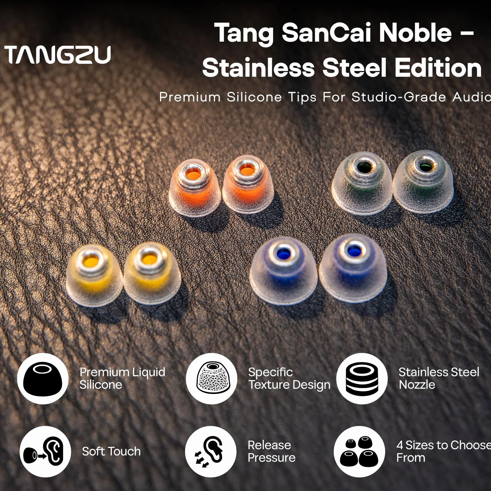 Tangzu Tang Sancai Noble Earbud Tips ze stali nierdzewnej, wymienne silikonowe końcówki IEM, 4 pary XS/S/M/L