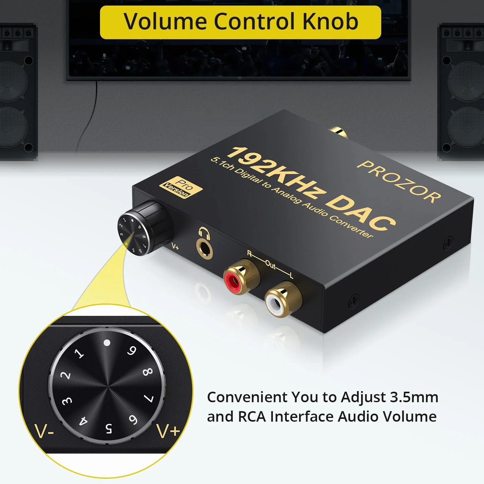 PROZOR Cyfrowy na analogowy konwerter audio 192 kHz obsługuje Dolby AC-3 DTS 5.1CH z regulacją głośności, dekoder optyczny na RCA DAC, cyfrowy konwerter DAC SPDIF TOSLINK na stereo L/R i gniazdo 3,5