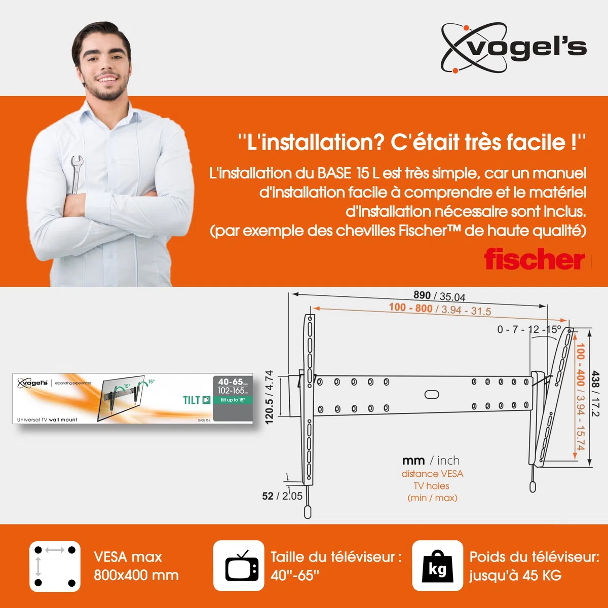 Vogel'S BASE 15 L Uchwyt Uchylny do Telewizora, Czarny, L, 40-65"
