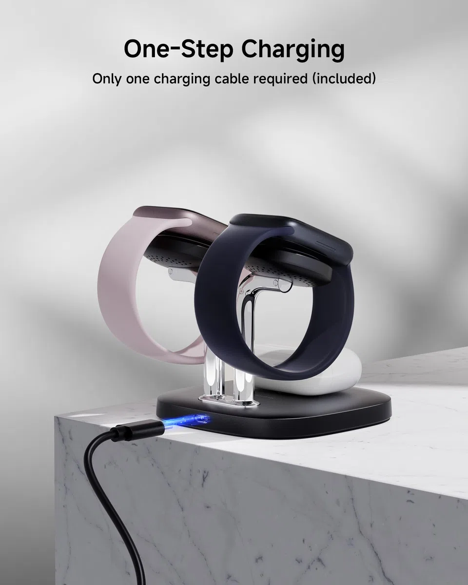 SwanScout Ładowarka Zegarków do Apple Watch, SwanScout 704A, 3.3W Szybko Podwójna Stacja Ładowania Zegarków Kompatybilna z Apple Watch Ultra 3/SE 3/Series 11/10/9/8, AirPods Pro(Bez Adaptera)