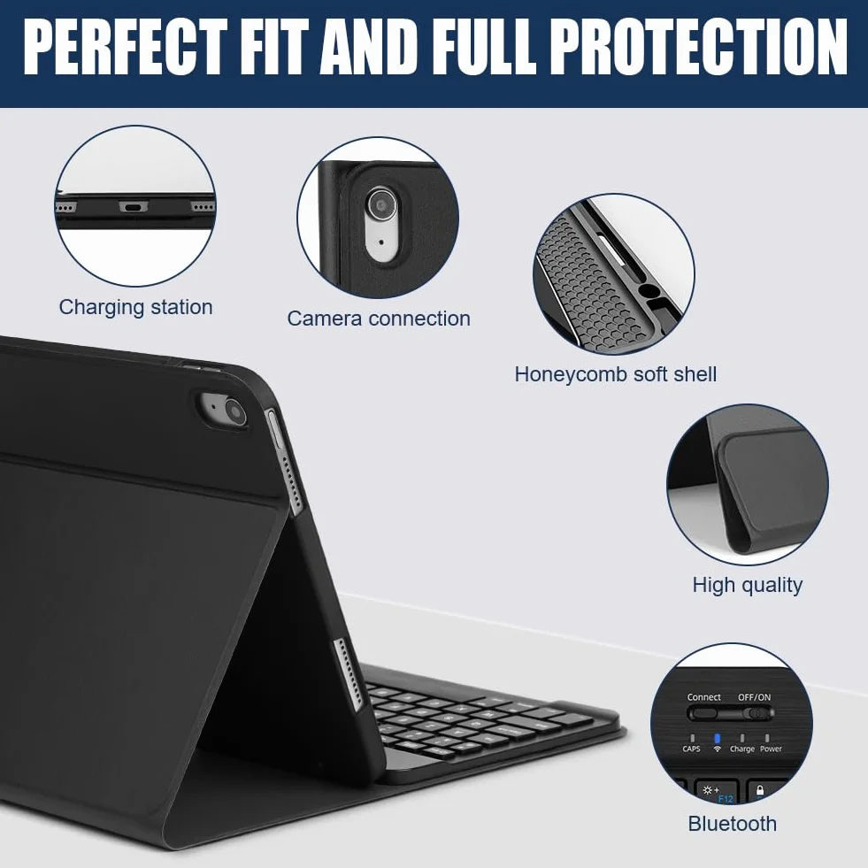 AXFEE Klawiatura Bluetooth, do iPada 10., 10,9", ultracienka bezprzewodowa klawiatura, do systemu Android, Windows, PC, tabletu, z etui na klawiaturę, czarna, wersja normalna, wersja hiszpańska